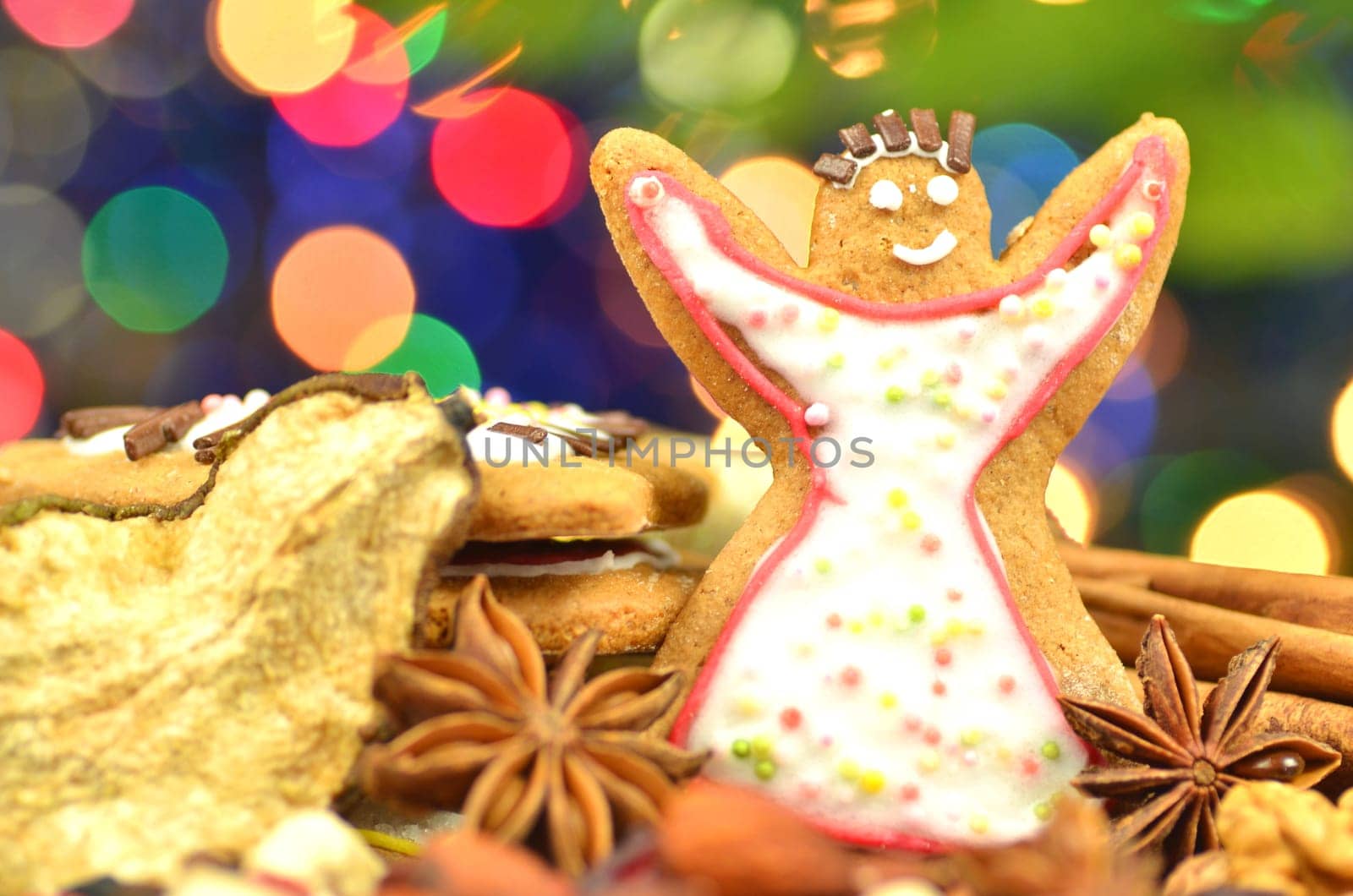 christmas spices, nuts, cookies and dried fruits on bokeh background