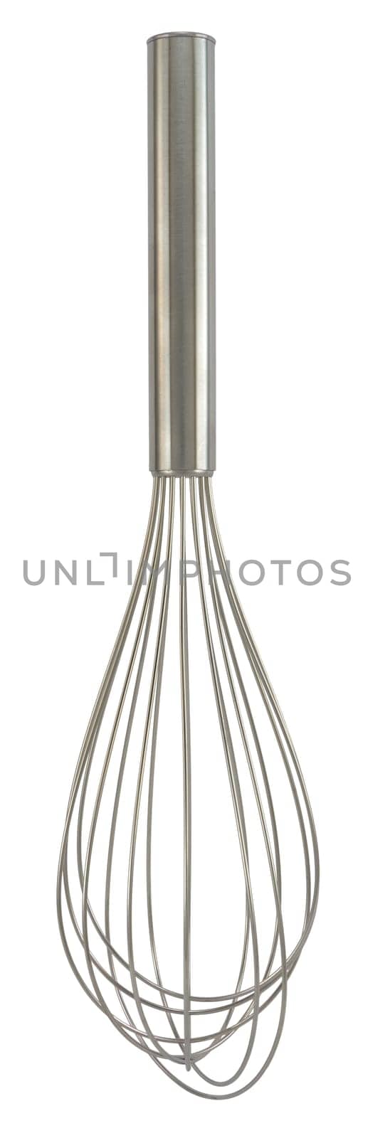 Stainless steel whisk isolated on white background.