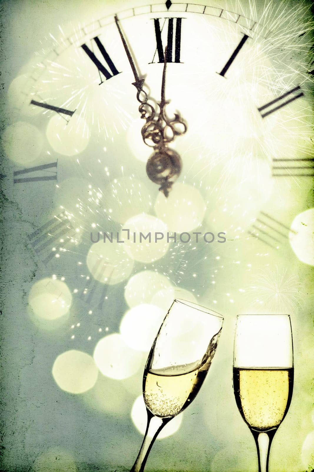 Vintage photo of glasses with champagne against holiday lights and clock close to midnight