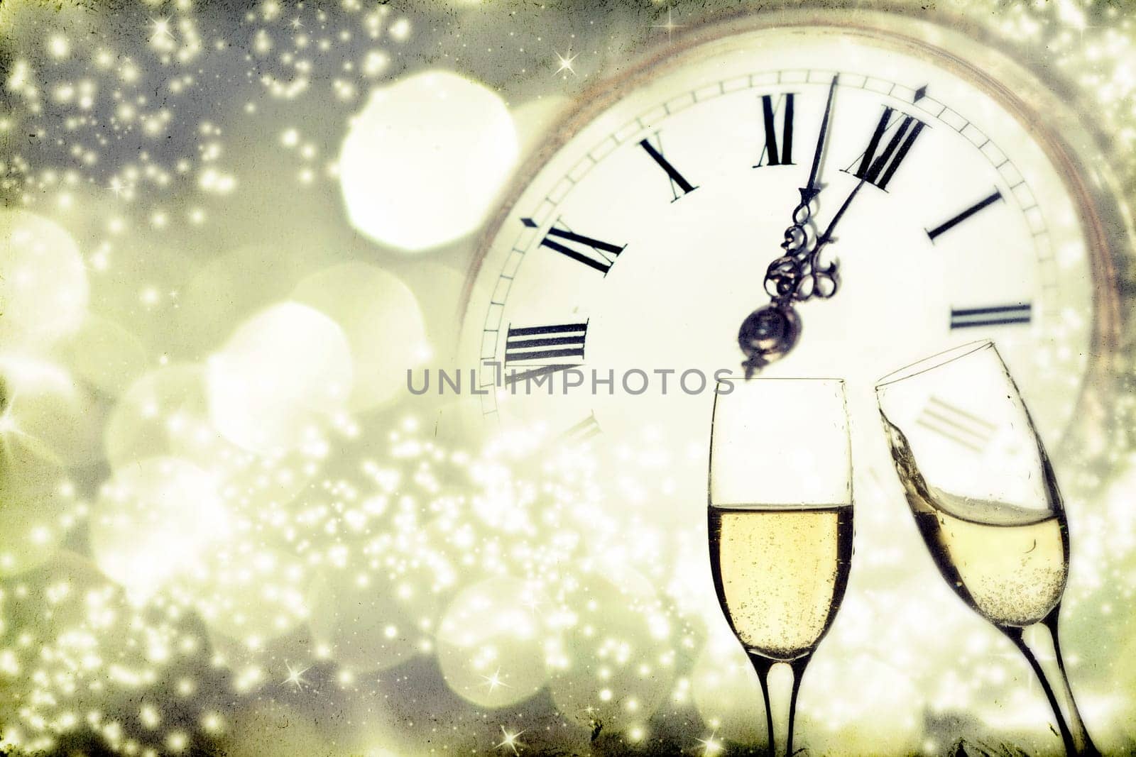 Vintage photo of glasses with champagne against holiday lights and clock close to midnight