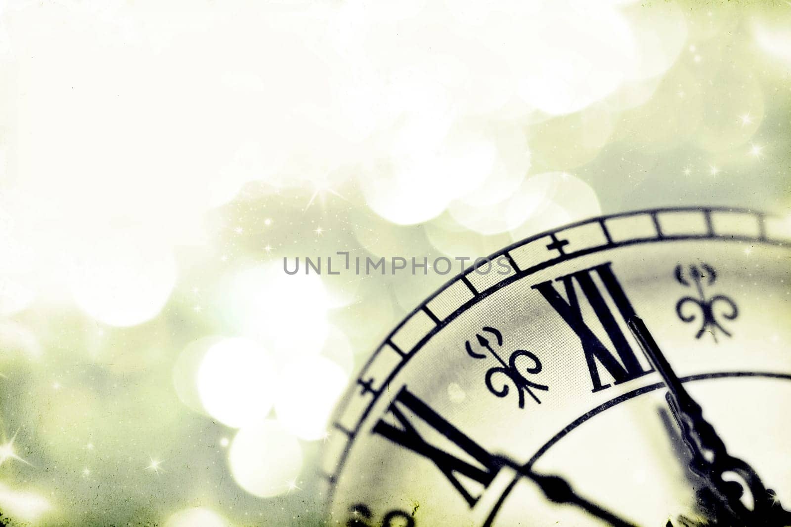 Vintage photo of old clock over holiday background