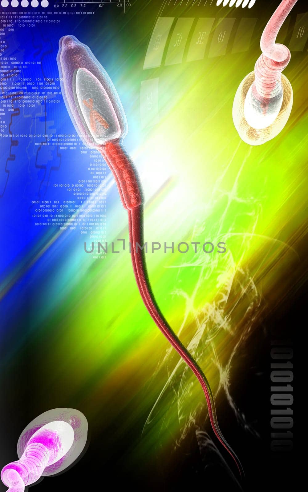 Digital illustration of sperm in colour background