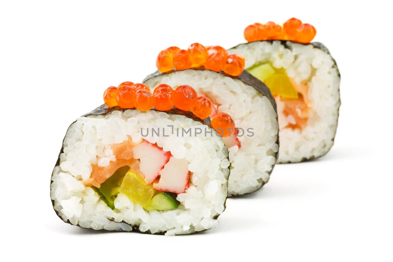 Sushi,close-up of California Roll with caviar against a white background