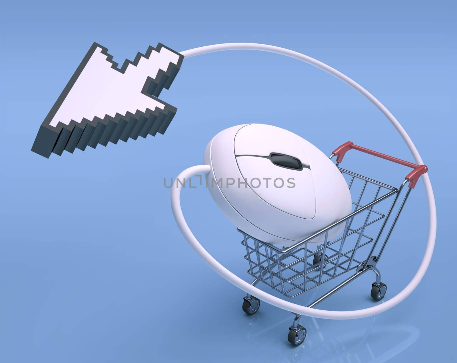 Cursor pulling shopping cart. Concept of internet shopping.