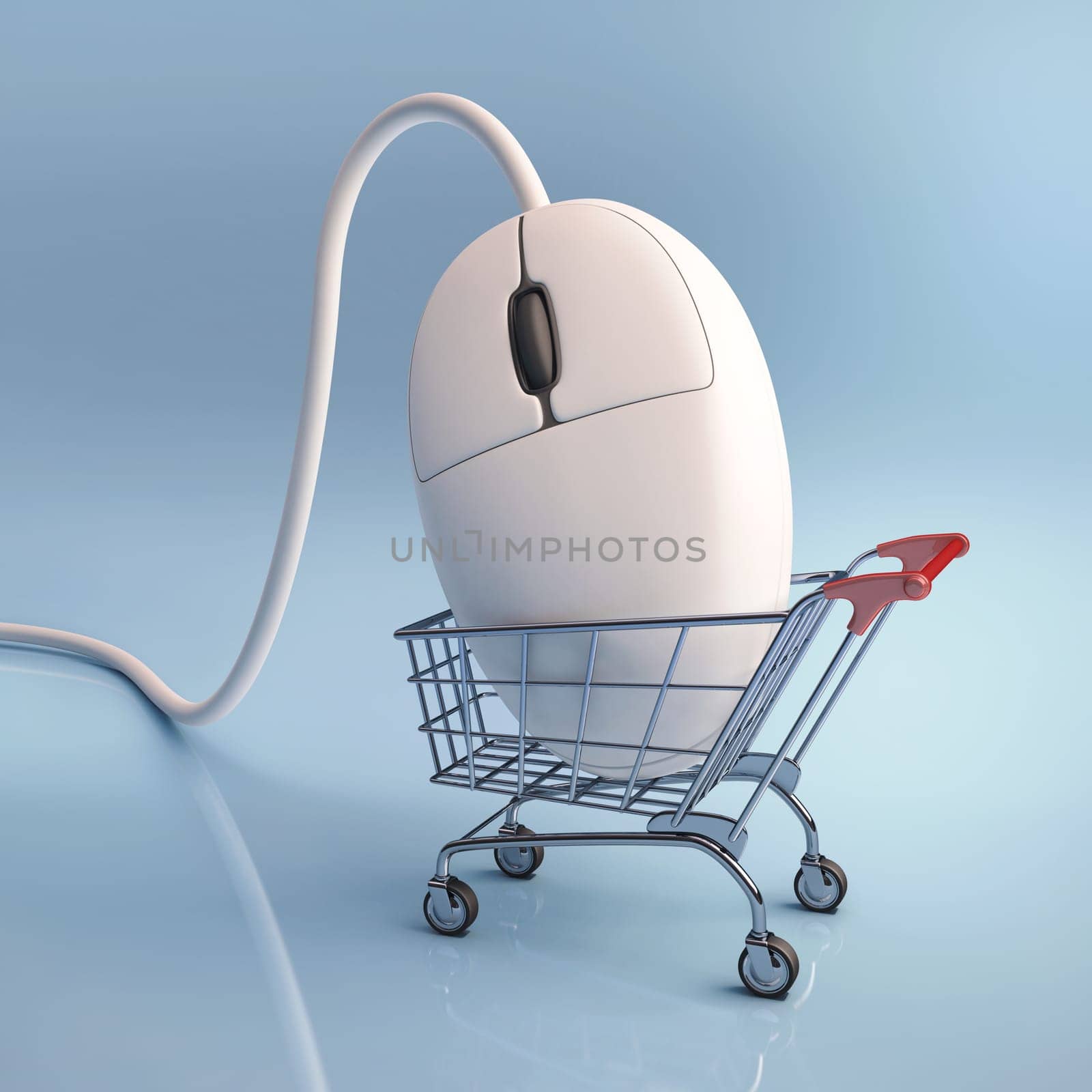 Mouse in the shopping cart. Concept of internet shopping.
