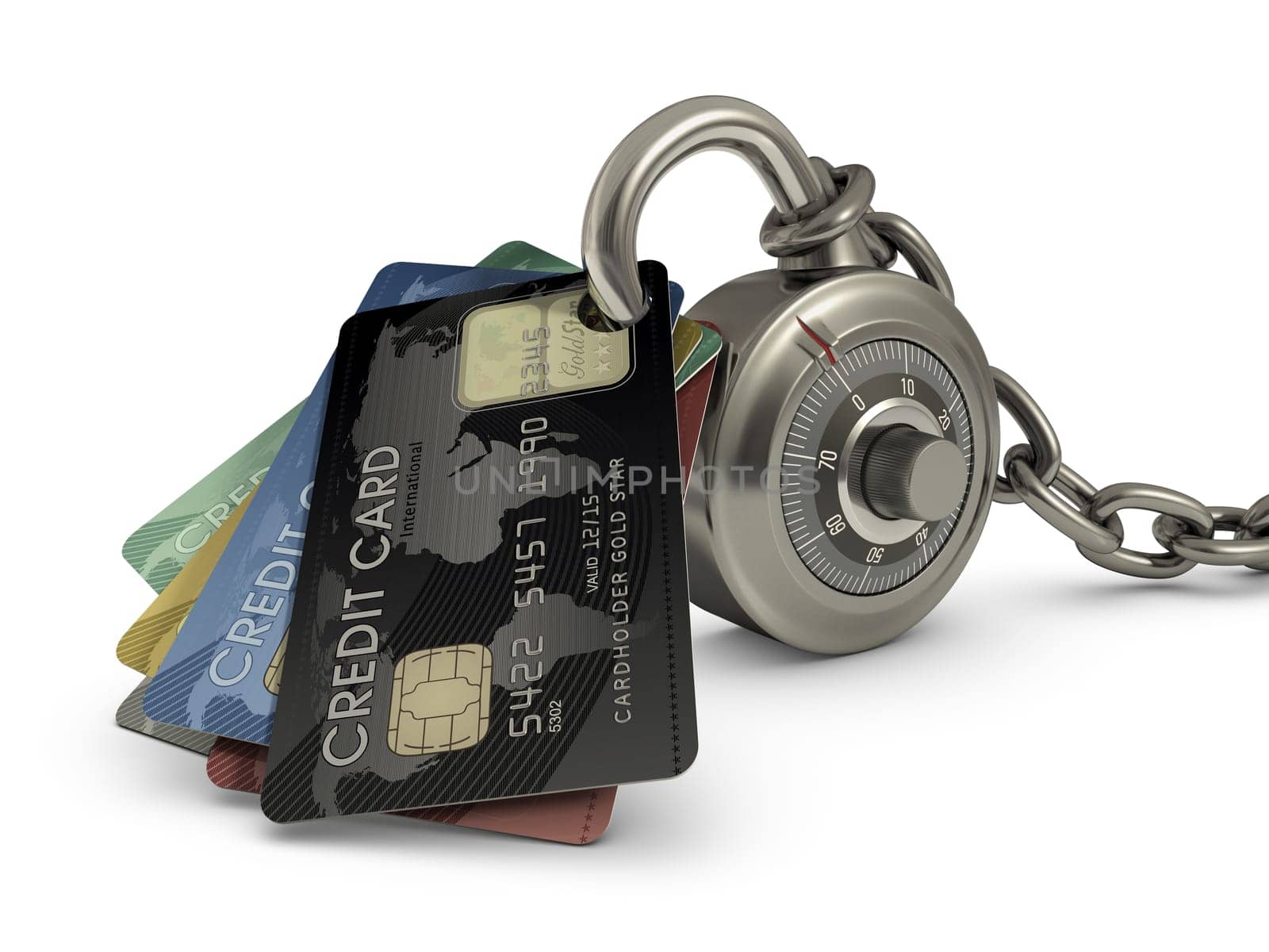 Credit card stuck in a lock code. Concept of protection against theft of your money.