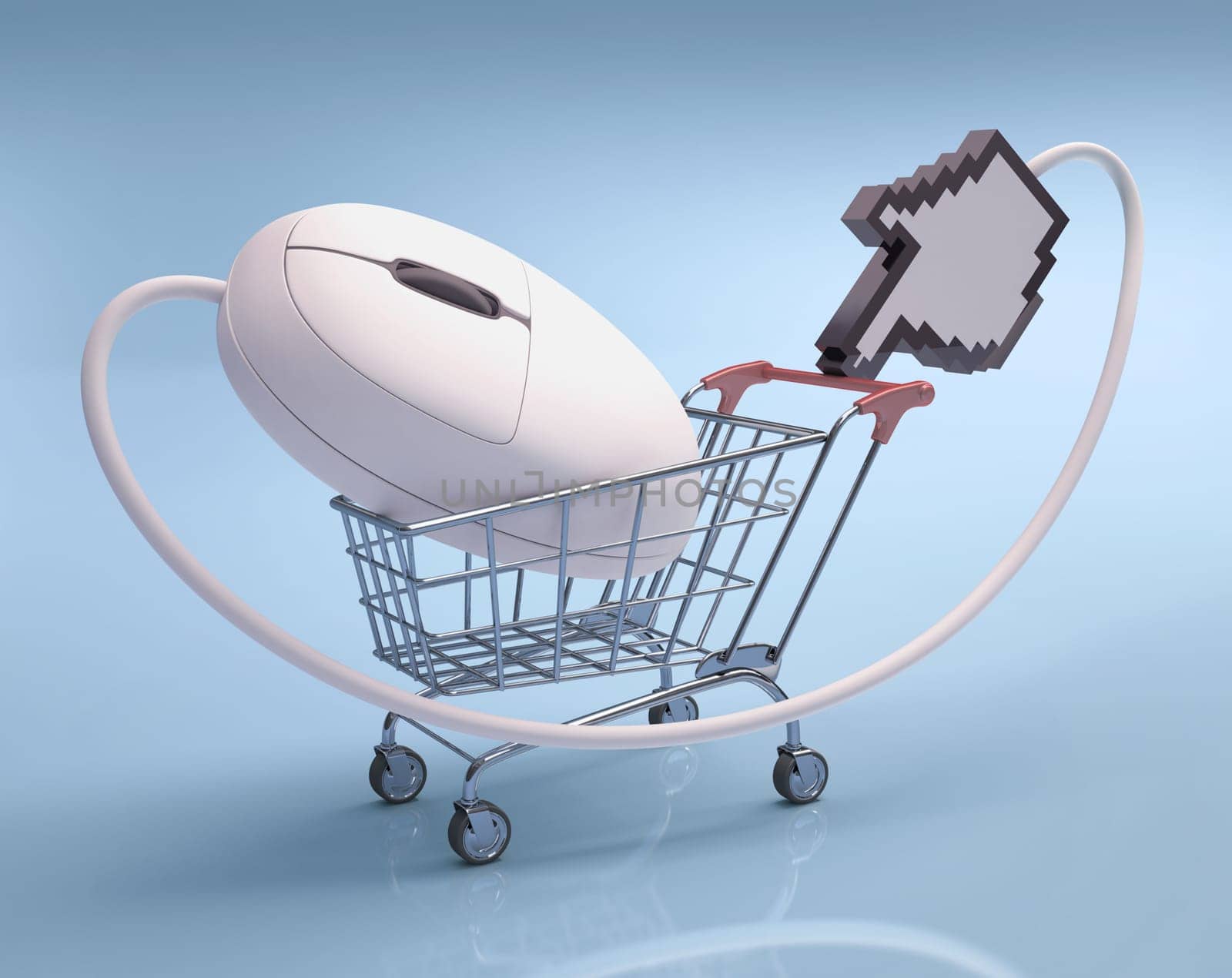 Mouse in the shopping cart. Concept of internet shopping.