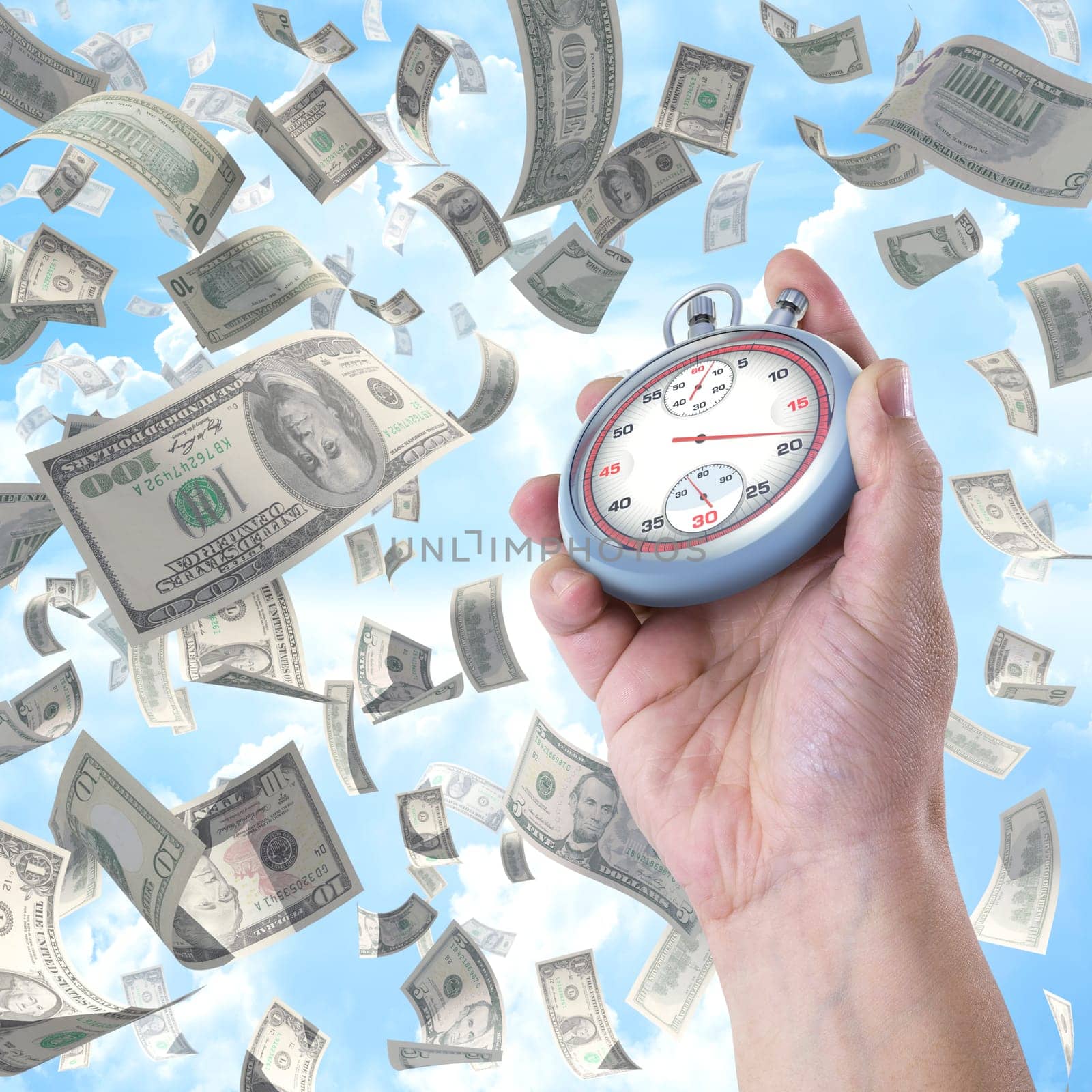 Time is money. Stopwatch pointing the time to earn money.