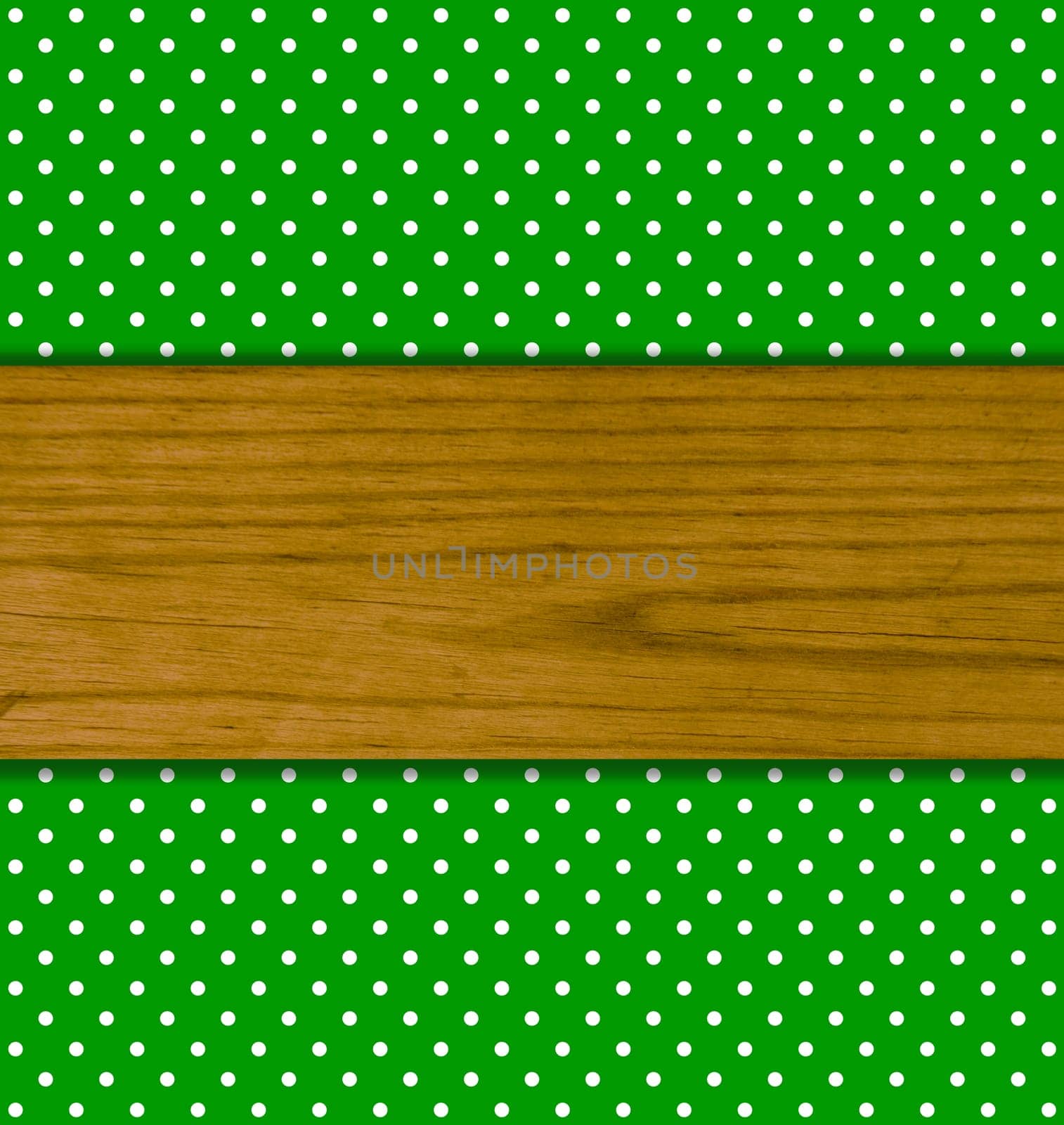 Green background with white dots and wooden board