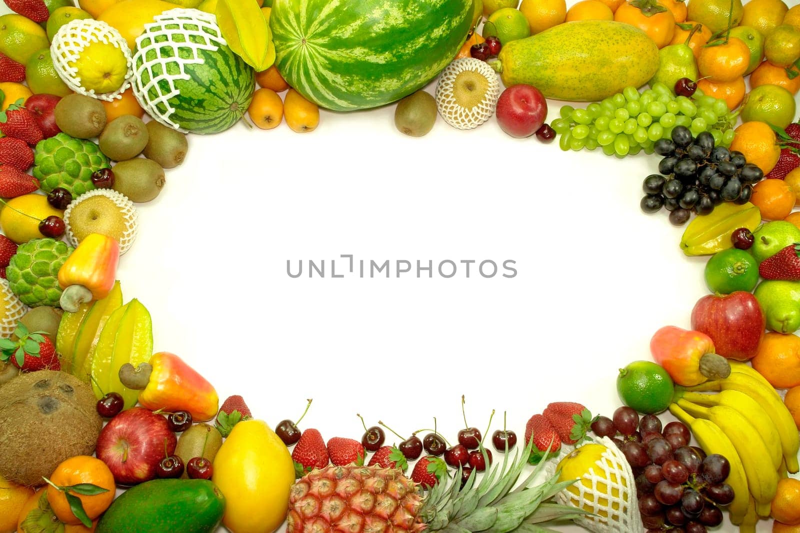 Several variety of fruits. Your text on the white space.