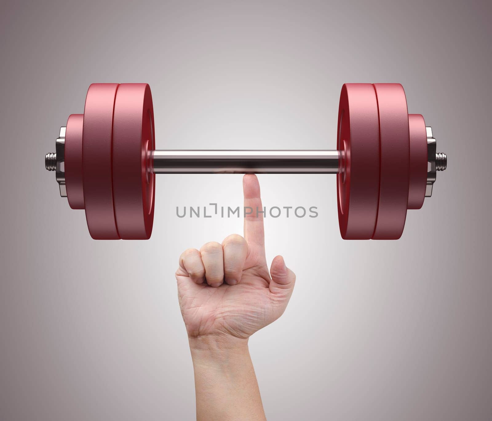 Weight lifting with just one finger. Concept of strength and training.