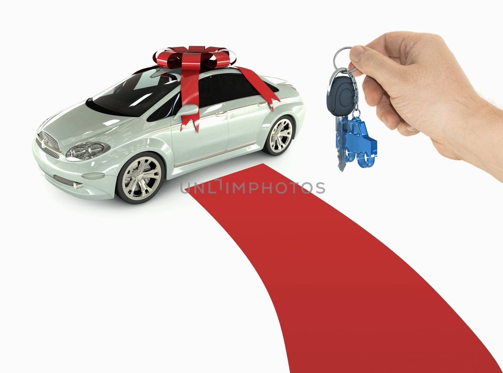 One hand holds the key of the new car. Red carpet for a special client.