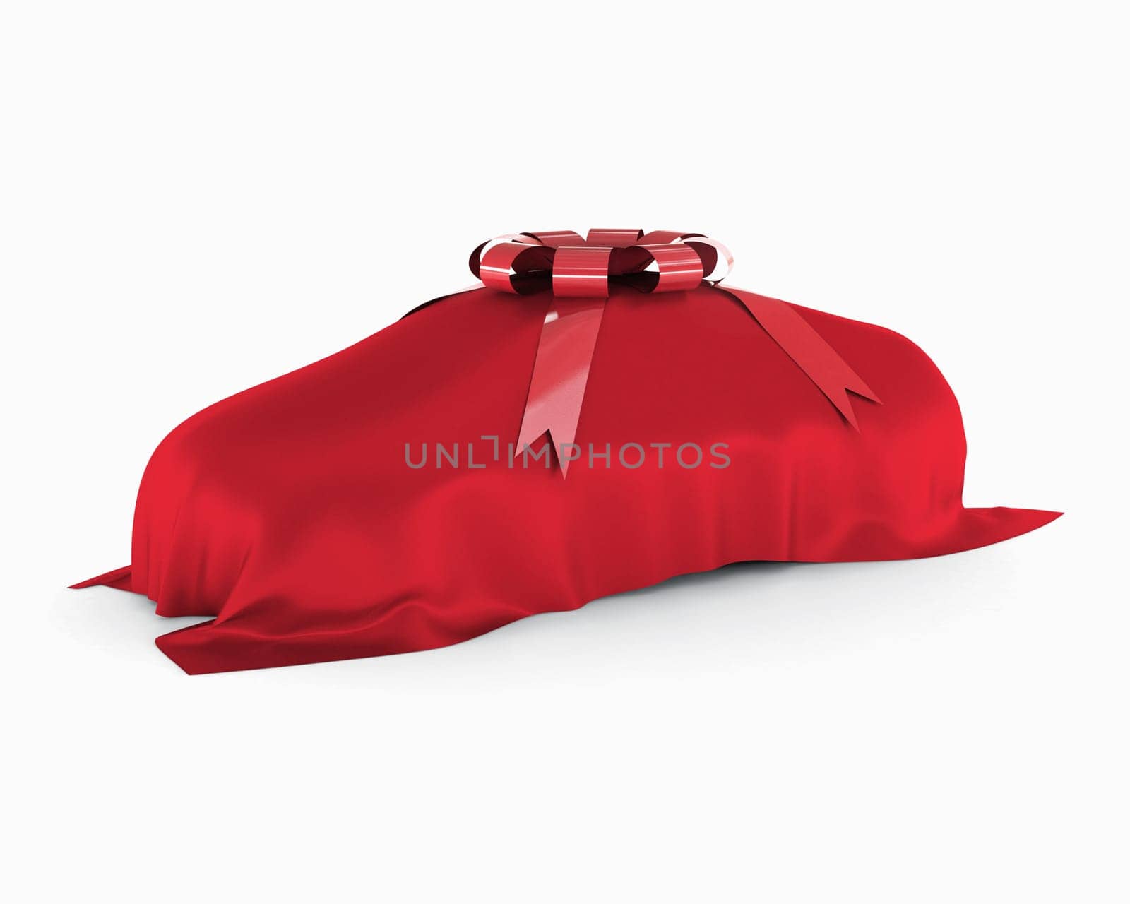 New car covered by a red blanket.