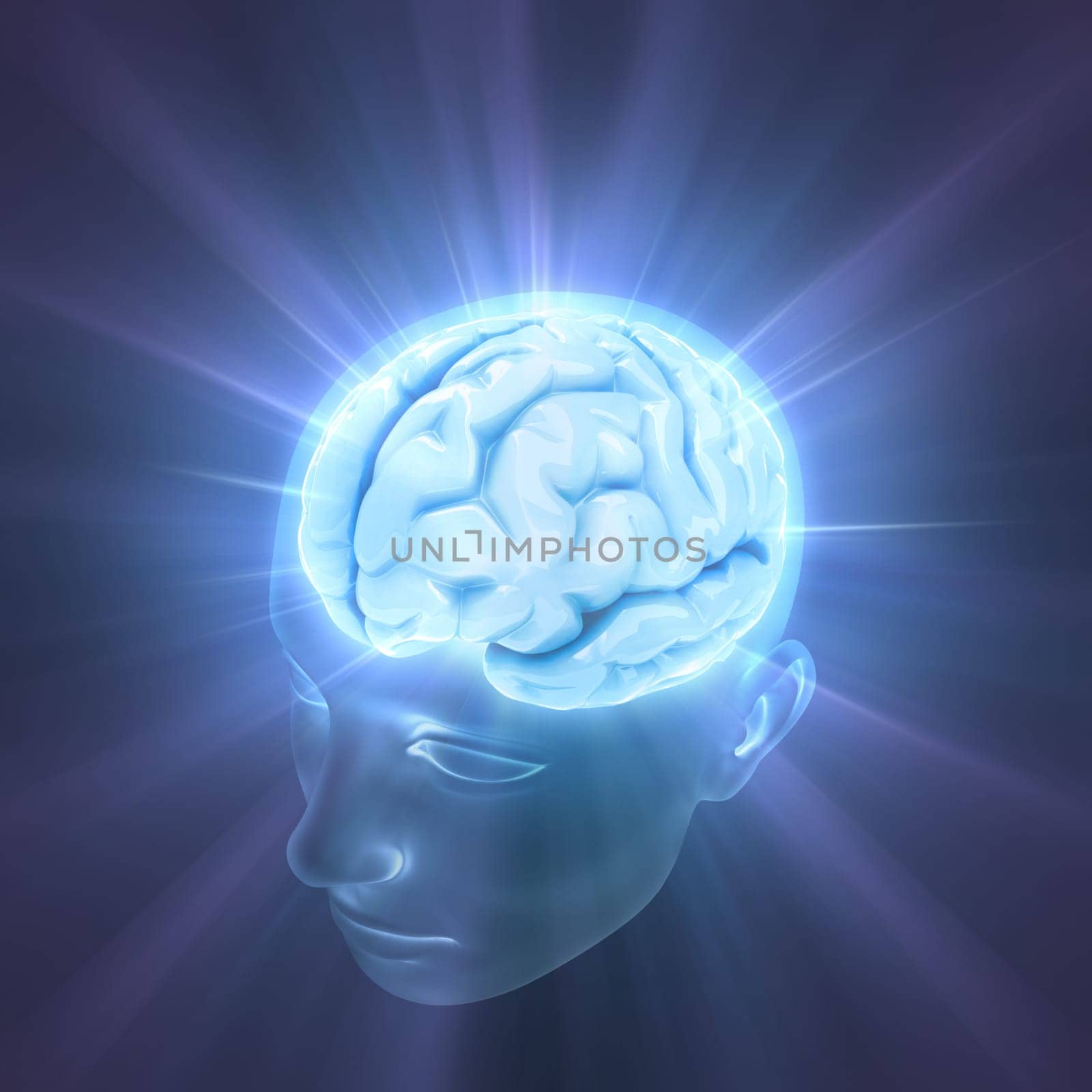 Head illuminated by the energy of the brain. Concept of thinking, the power of mind.