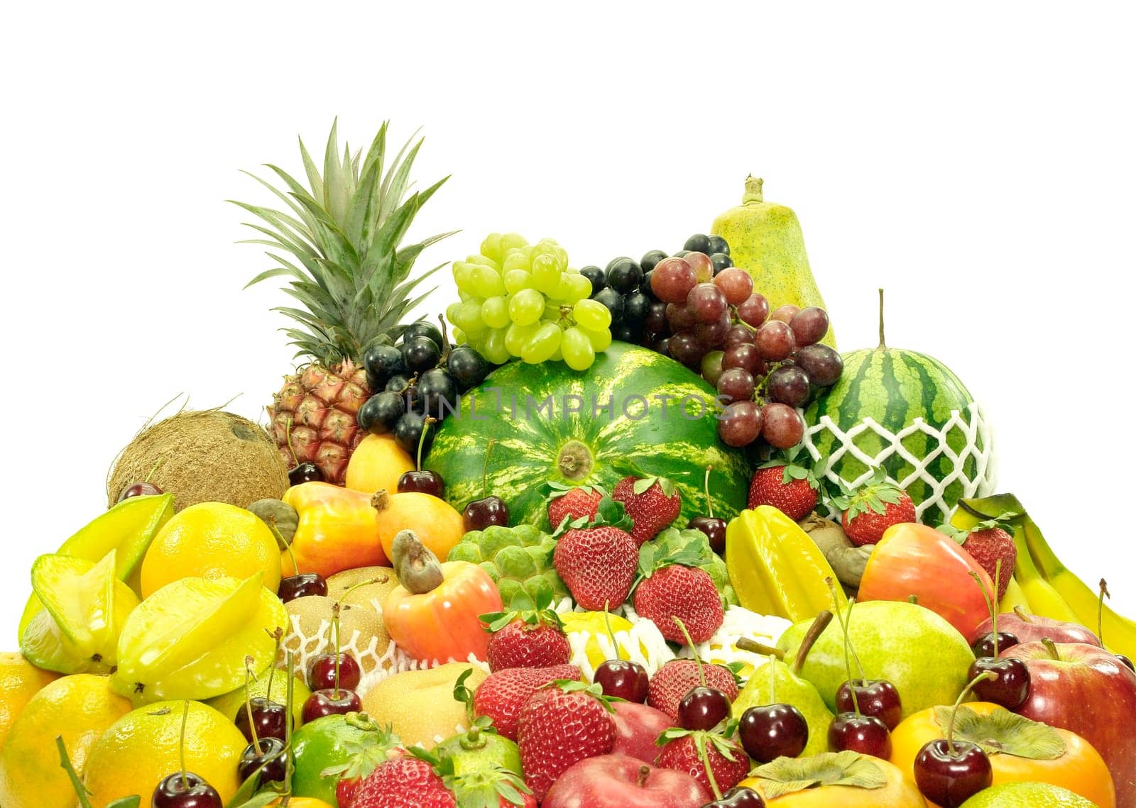 Several variety of fruits. Your text on the white space.