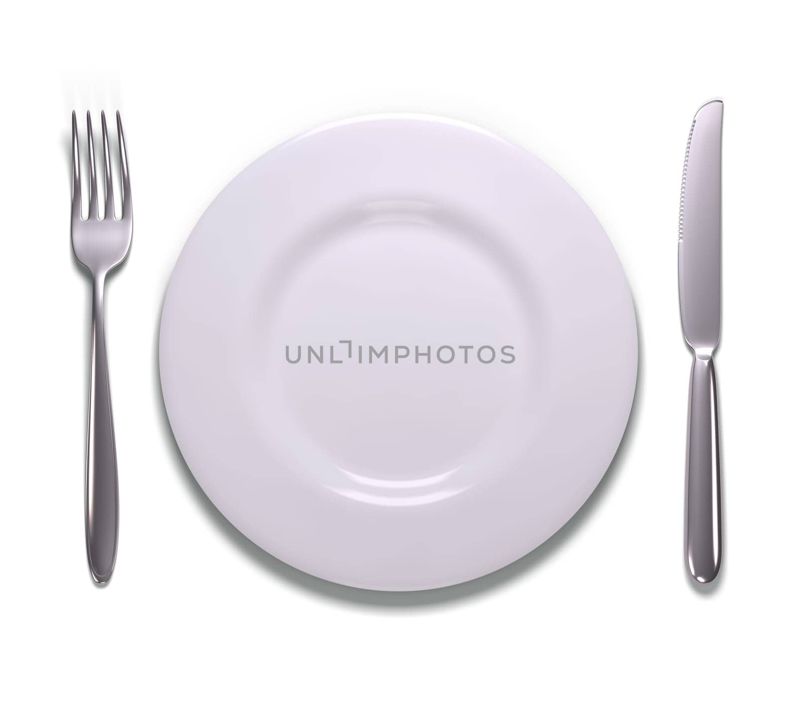 Silverware and empty plate. Your text or image on the plate.
