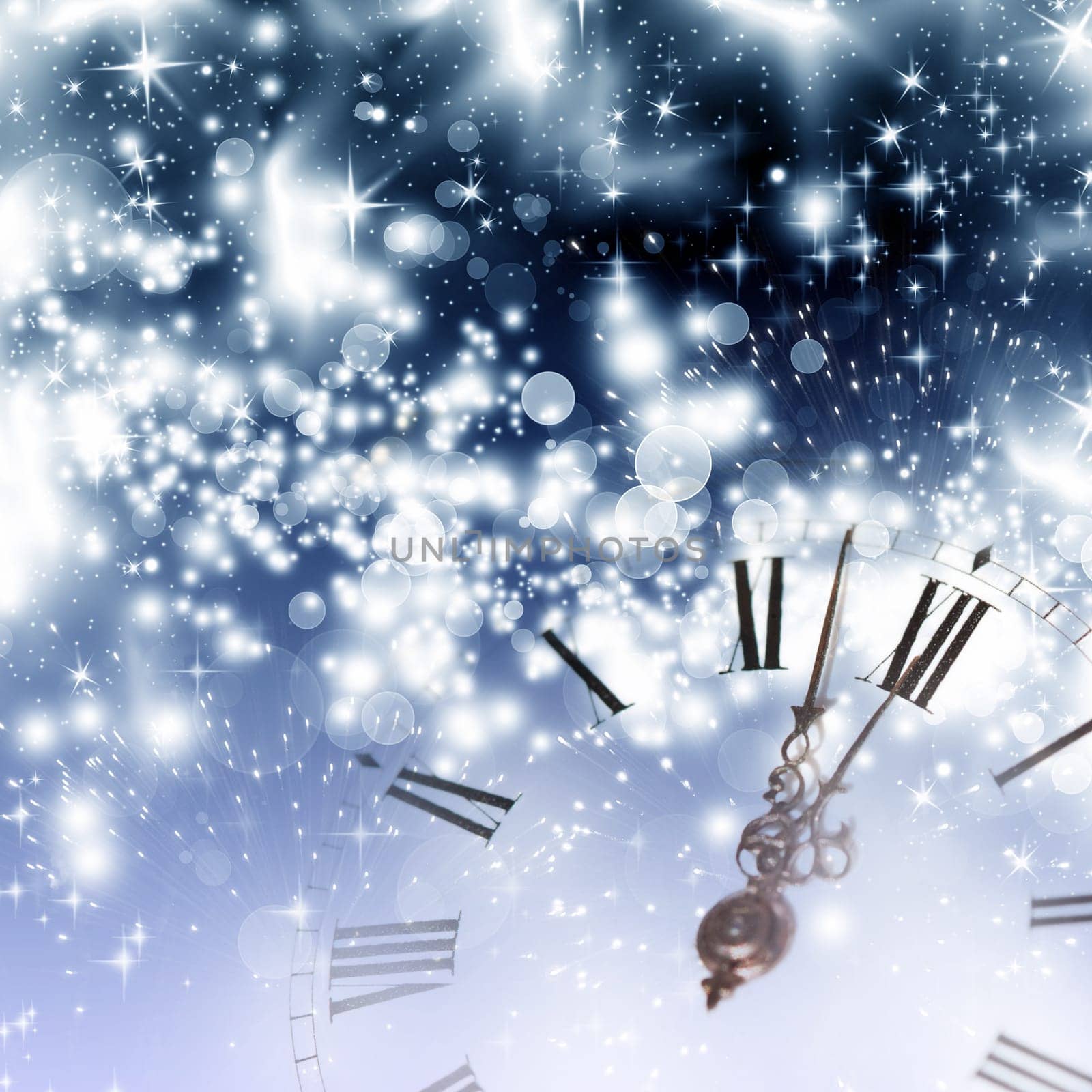 Old clock against holiday lights