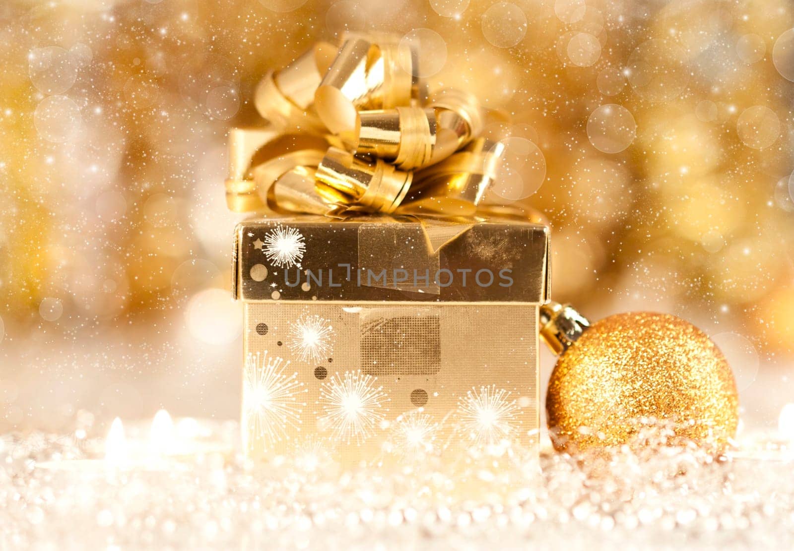Christmas decoration with Gift box, candles and balls
