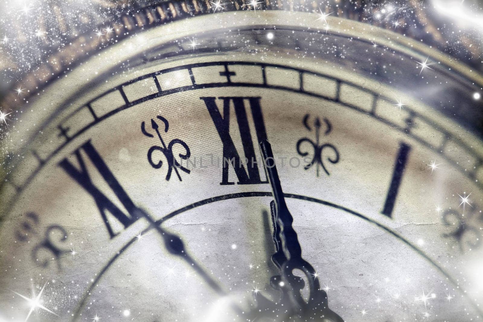 Abstract Christmas background of clock and holiday lights