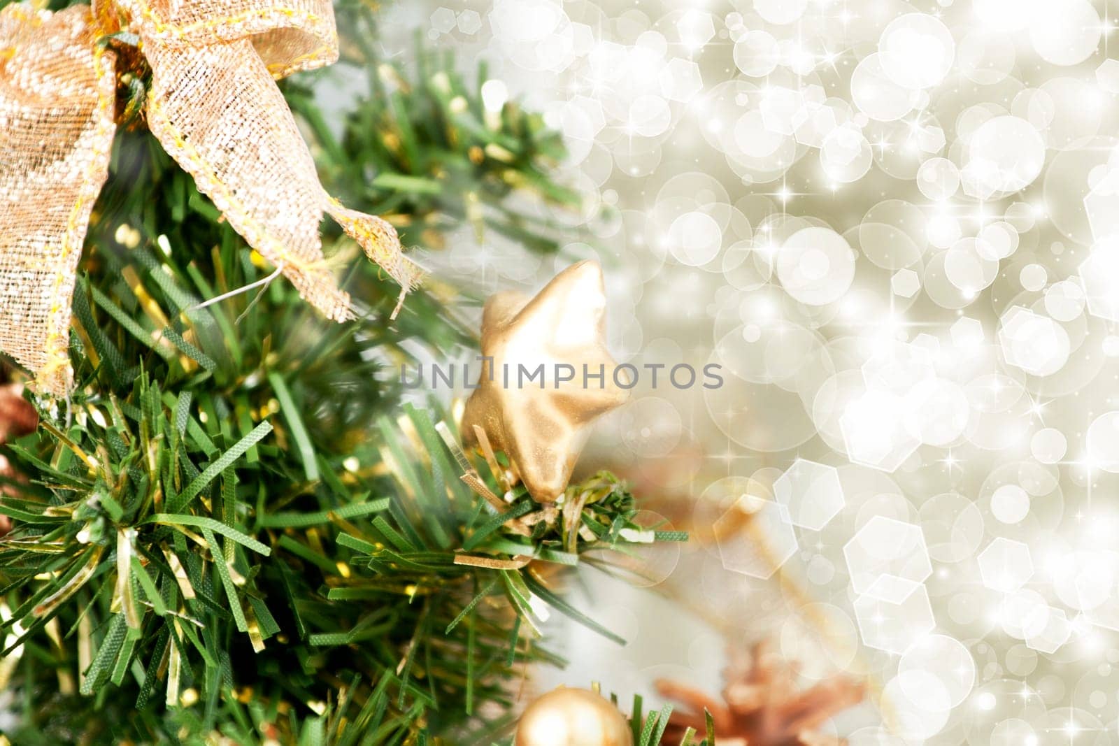Close up on Christmas tree decoration and holiday lights