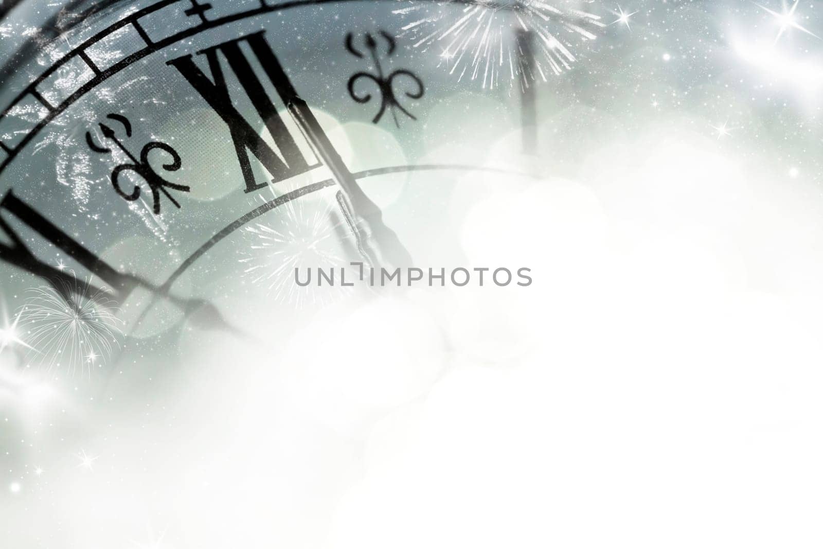 New Year's at midnight, clock on silver background