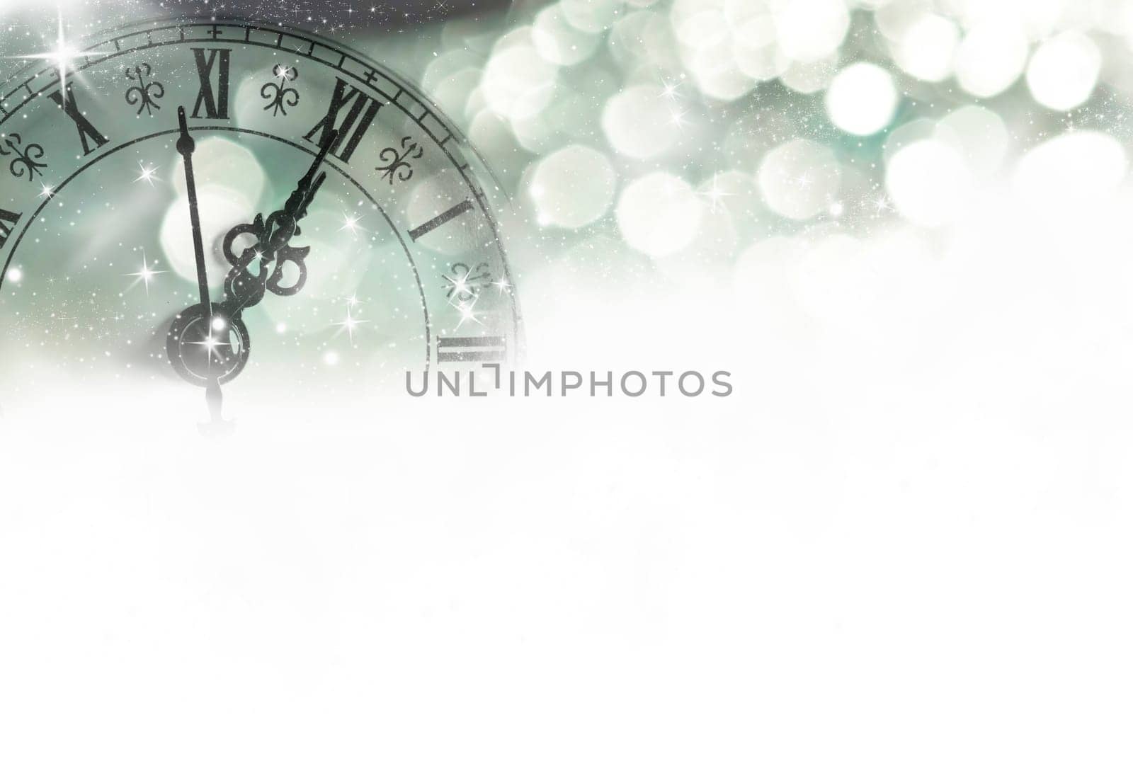 New Year's at midnight - Old clock with stars snowflakes and holiday lights