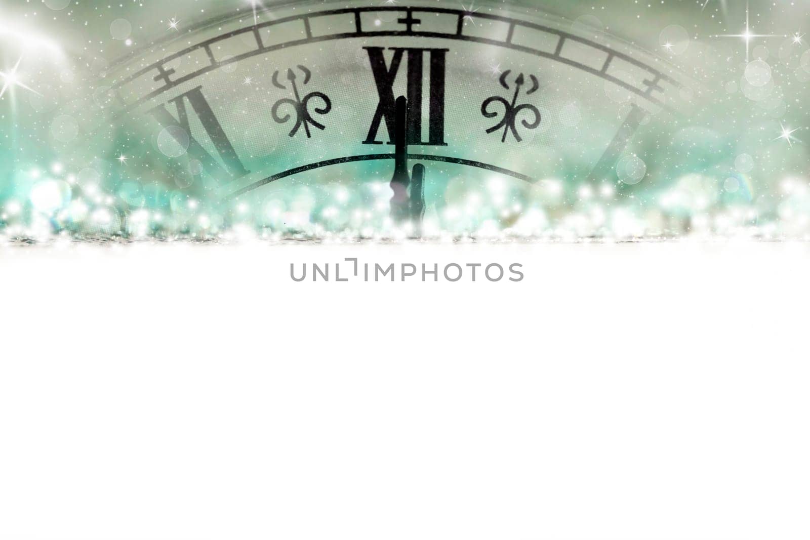 New Year's at midnight - Old golden clock with stars and snowflakes on the background