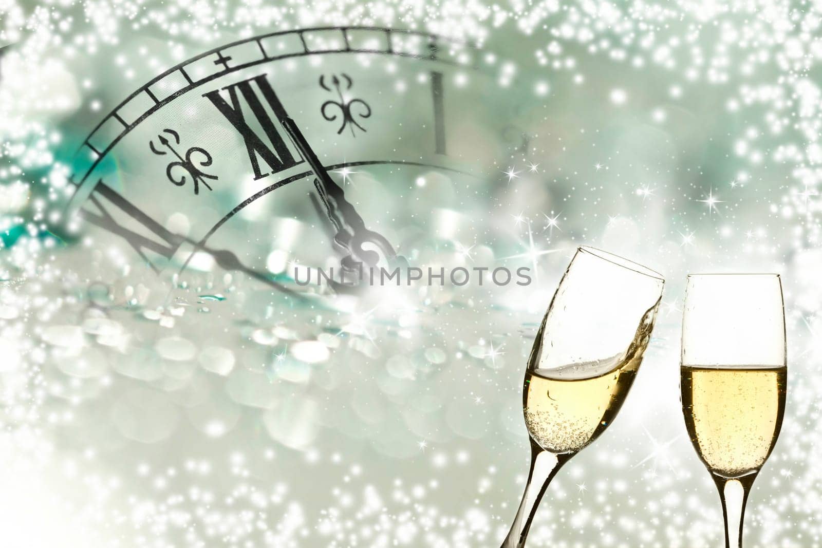 Glasses with champagne against fireworks and clock close to midnight