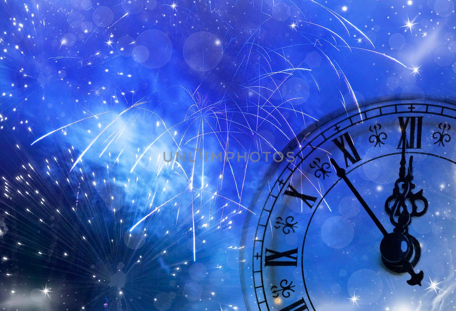 New Year's at midnight, fireworks and holiday lights
