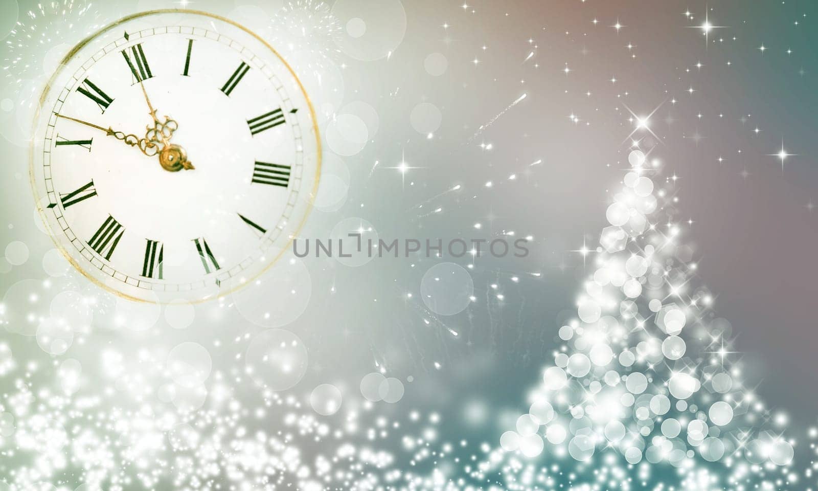 Christmas background with stars and snowy fir trees and clock close to midnight