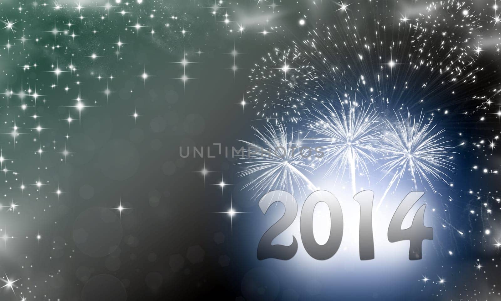 2014 written on abstract background with snowflakes stars and fireworks