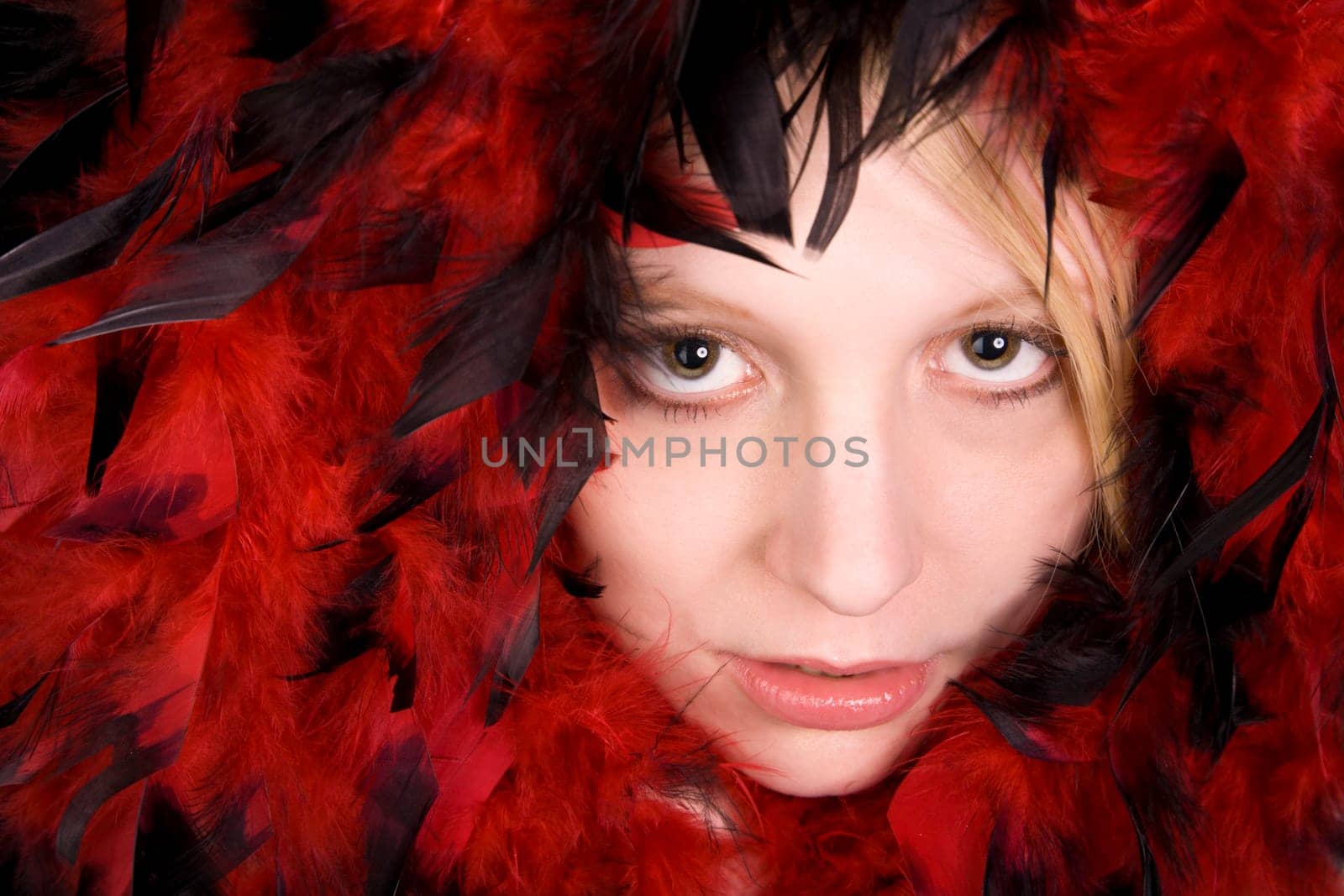 Face of a beautiful young woman surrounded by feathers