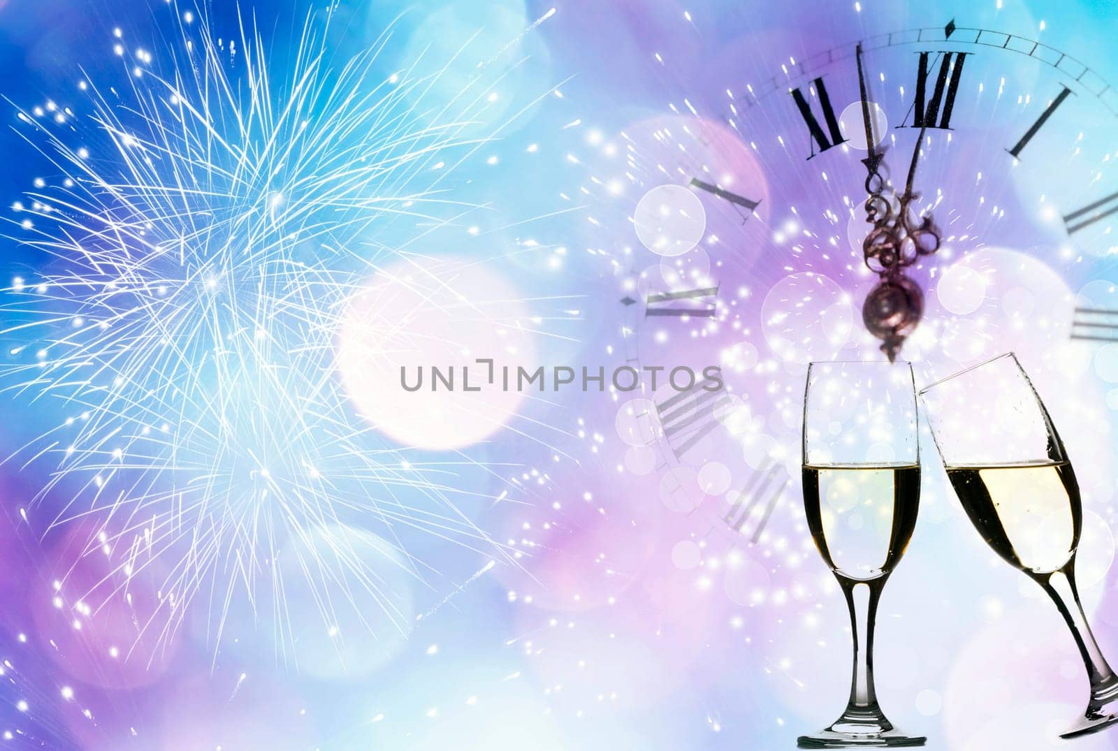 Glasses with champagne against fireworks and clock close to midnight