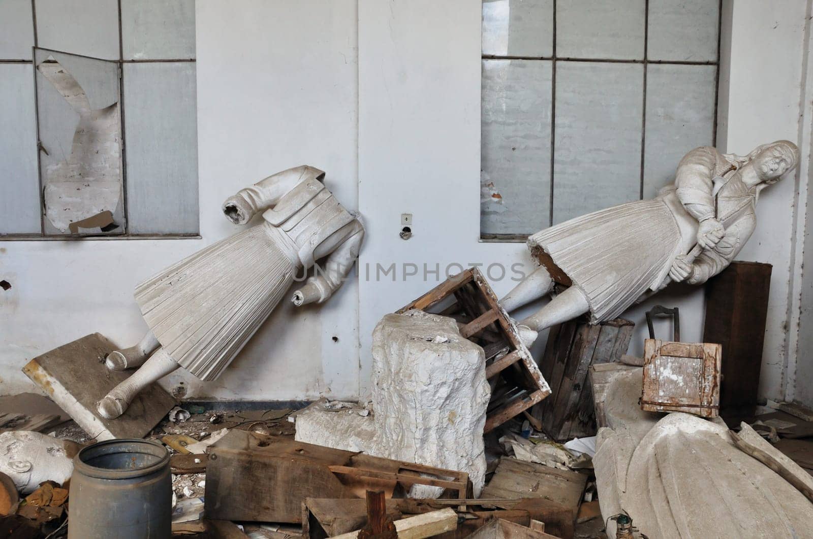 Broken statues heroic figures of the Greek War of Independence in the vandalized abandoned studio of sculptor Nikolas Pavlopoulos in Athens Greece, February 3, 2012.