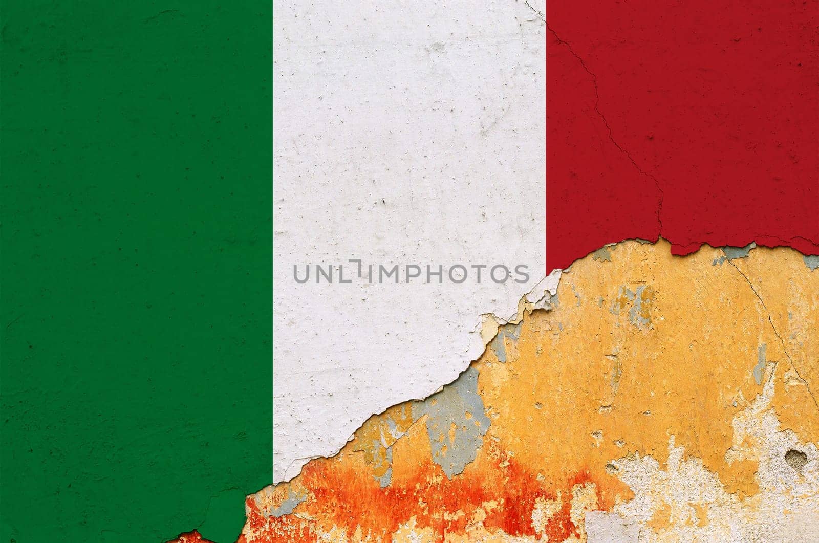 Italian flag painted on cracked smudged wall. Chipped paint grunge background.