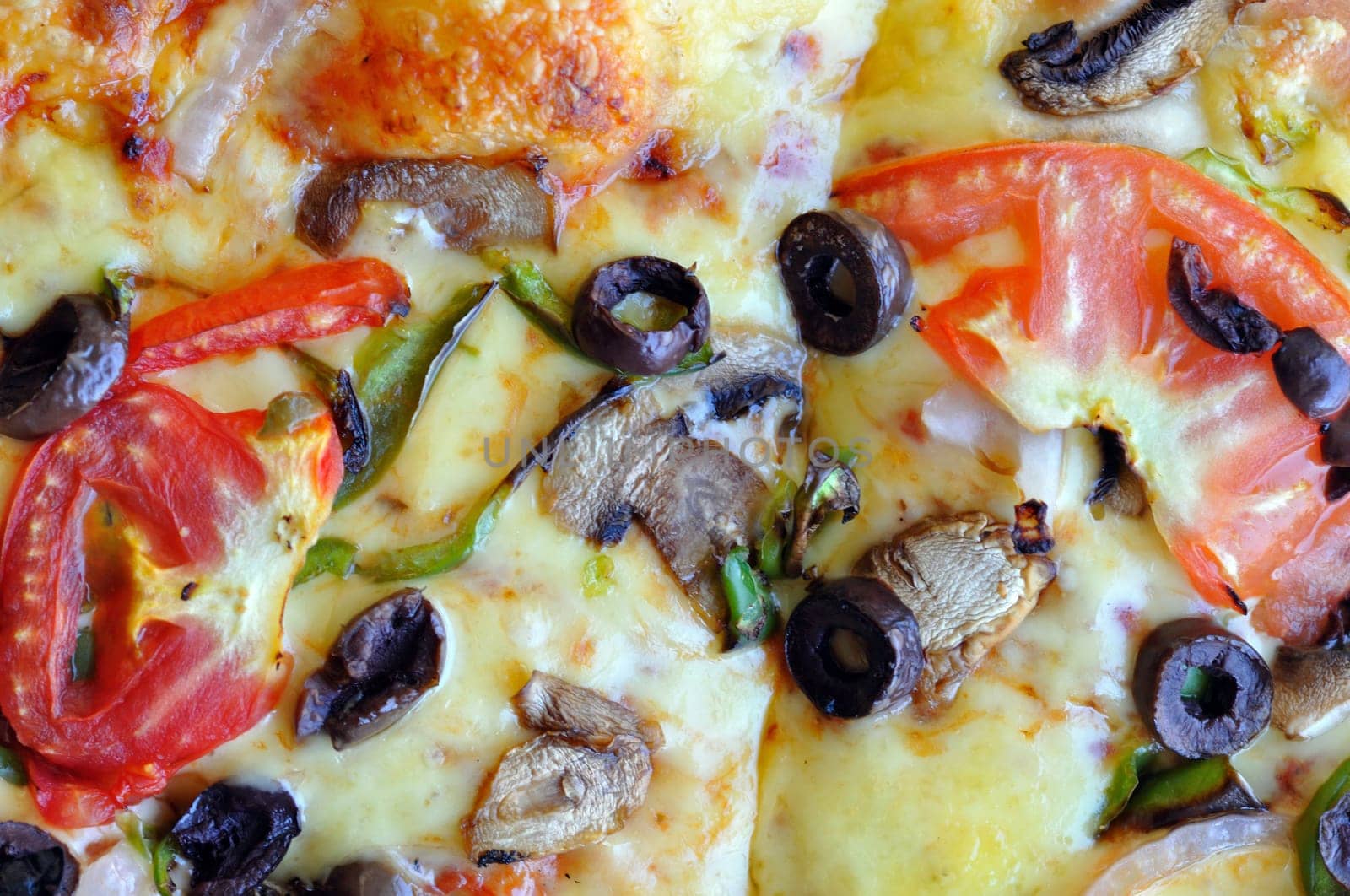 Vegetarian pizza with mushrooms, tomato and olives. Italian food background.