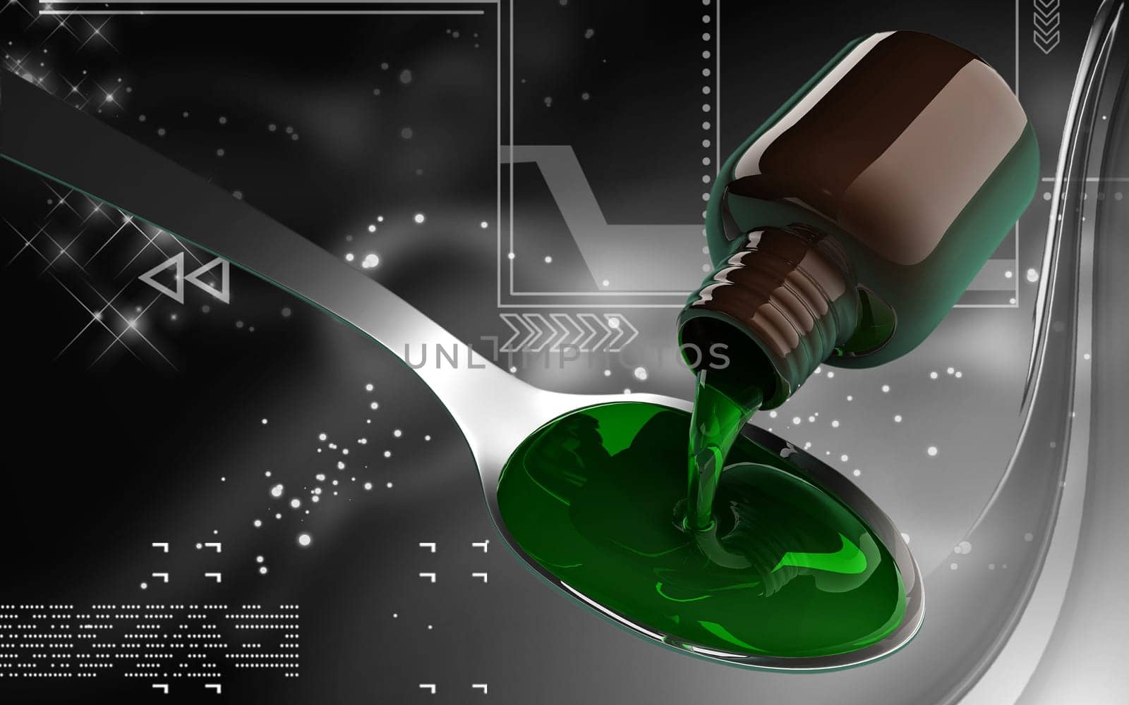 Digital illustration of medicine with spoon in colour background