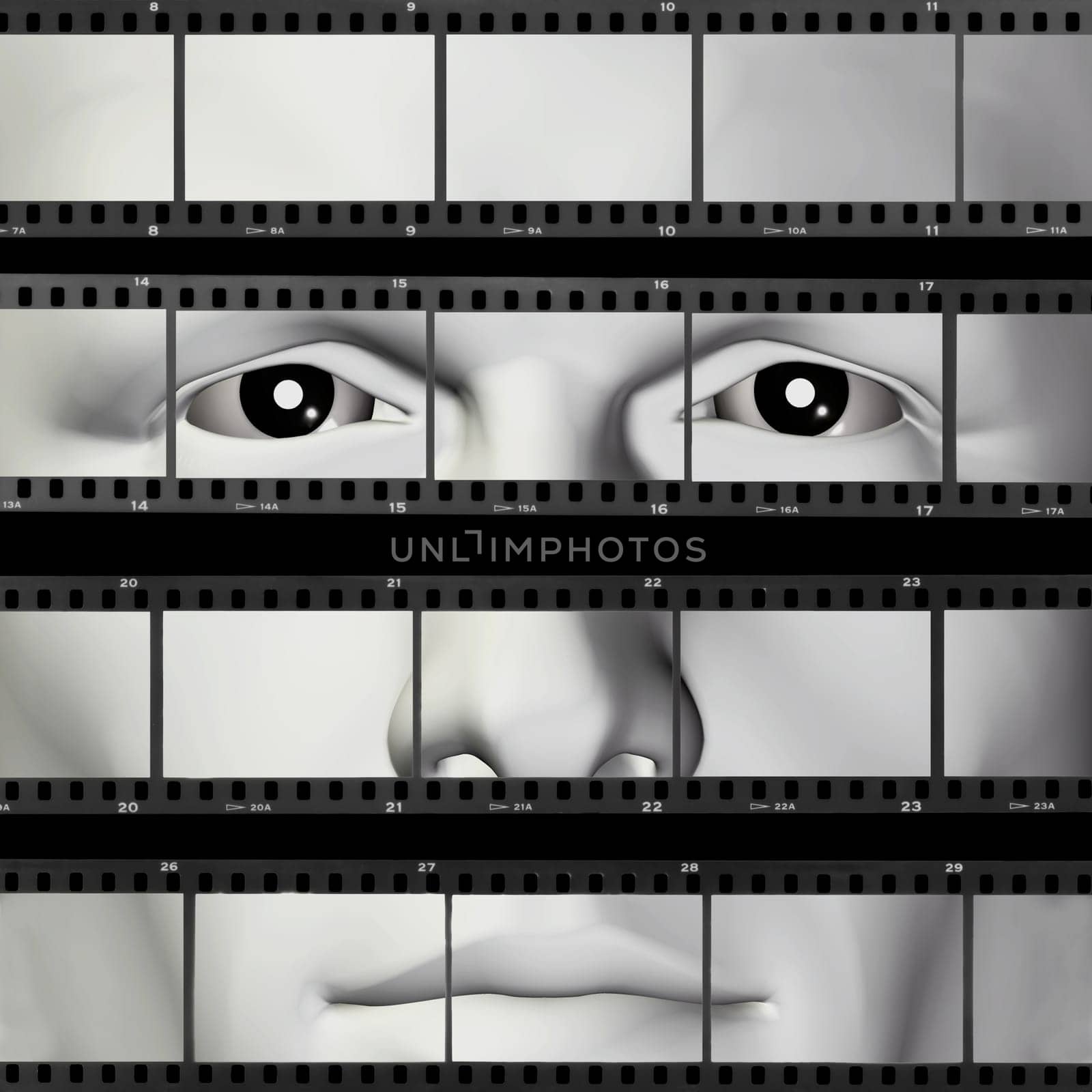Man portrait on contact sheet filmstrip photo background. 3d illustration.