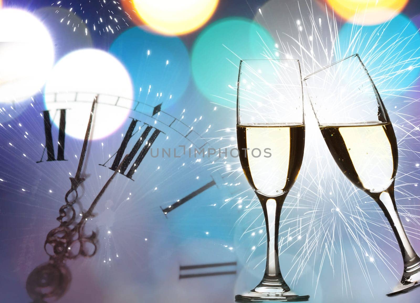 Glasses with champagne against fireworks and clock close to midnight