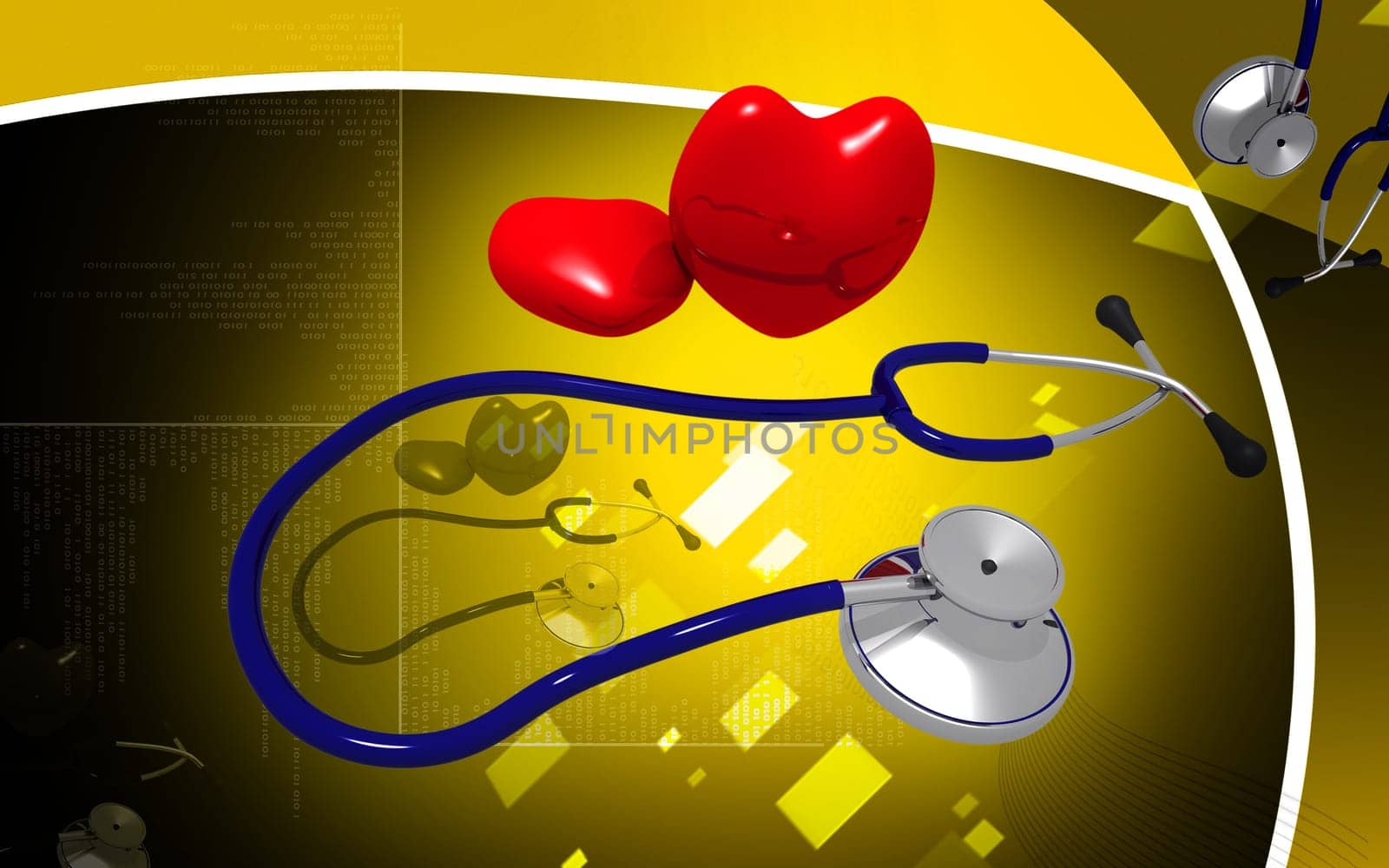 Digital illustration of stethoscope and heart in colour background
