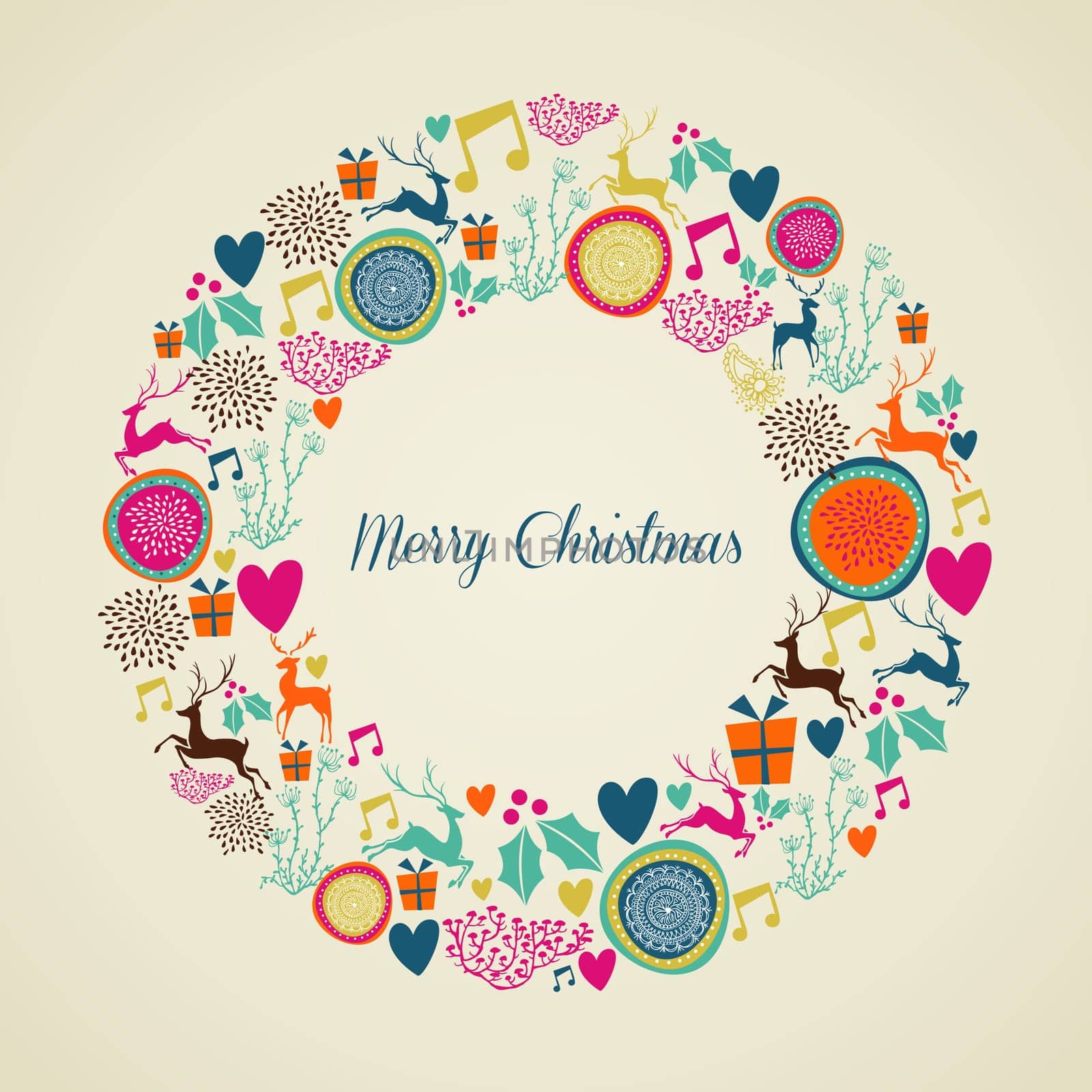 Merry Christmas Vintage elements in wreath shape greeting card background. EPS10 vector file organized in layers for easy editing.