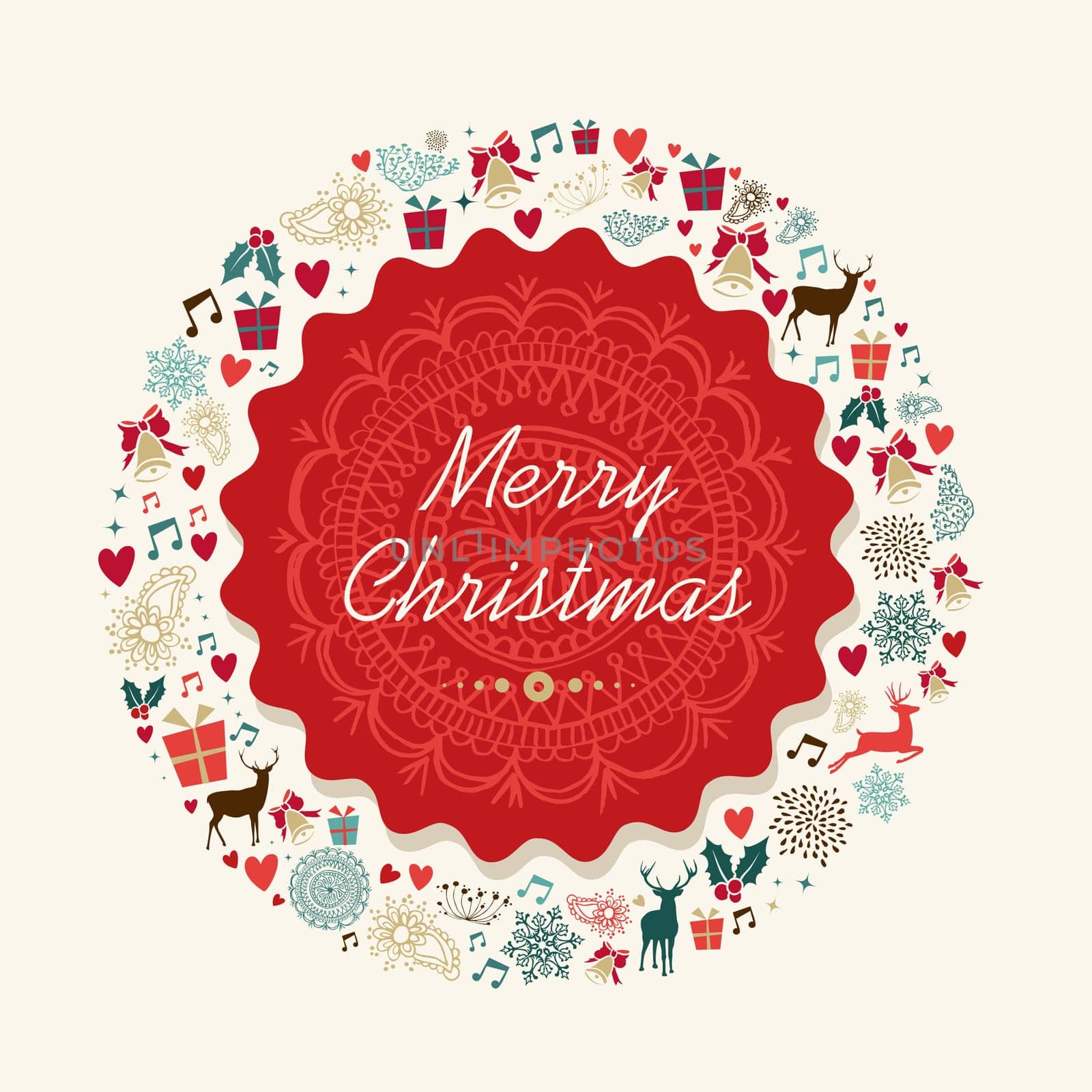 Christmas red circle label holiday icons composition background. EPS10 vector file organized in layers for easy editing.