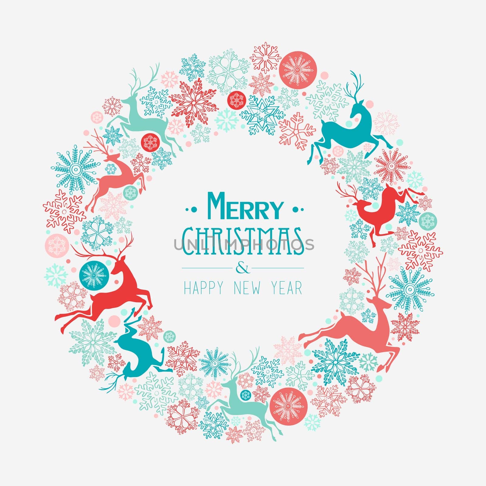 Merry Christmas and Happy New Year wreath shape greeting card background. EPS10 vector file organized in layers for easy editing.