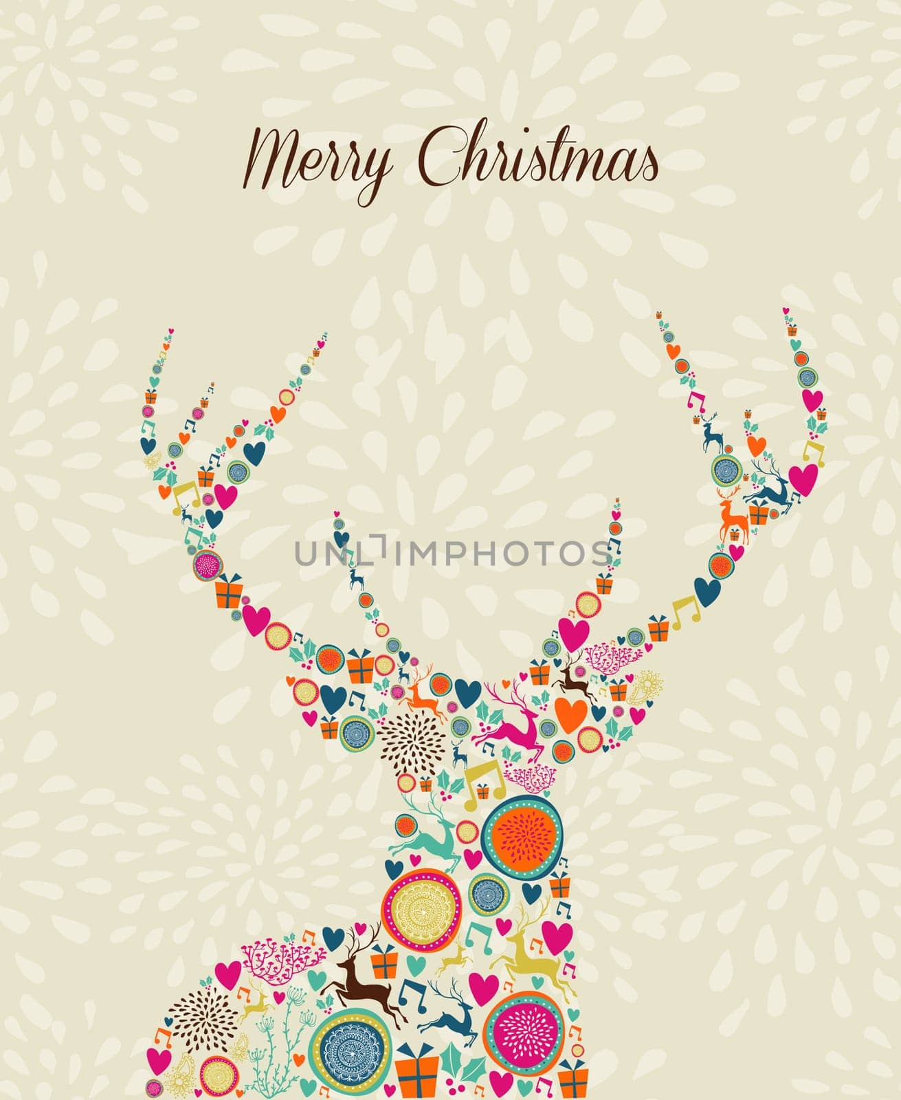 Vintage Christmas elements in reindeer shape over seamless pattern greeting card. EPS10 vector file organized in layers for easy editing.