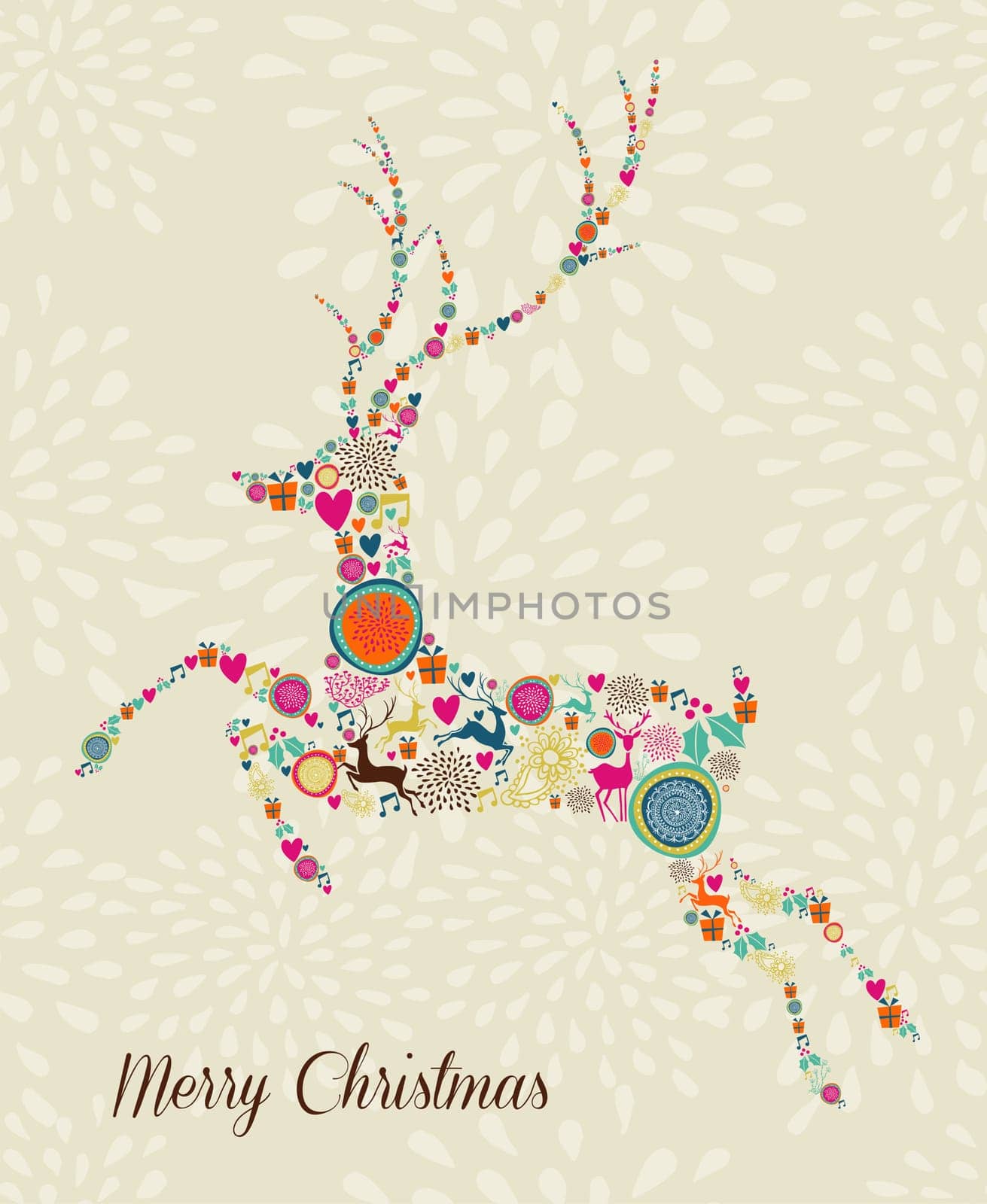Vintage Christmas elements in jumping reindeer shape over seamless background. EPS10 vector file organized in layers for easy editing.