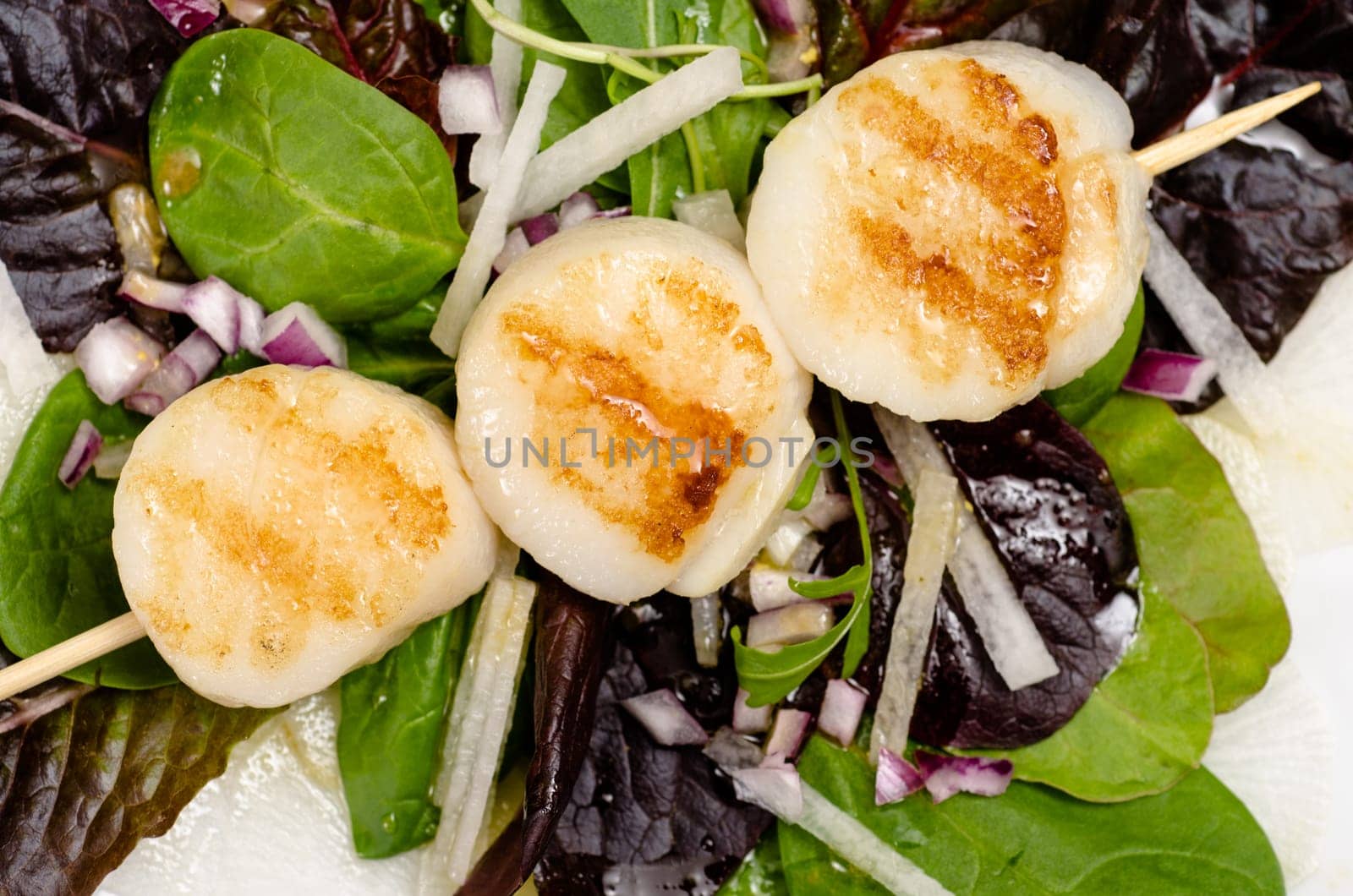 Wooden skewer with fried scallops on a salad with radish and onions