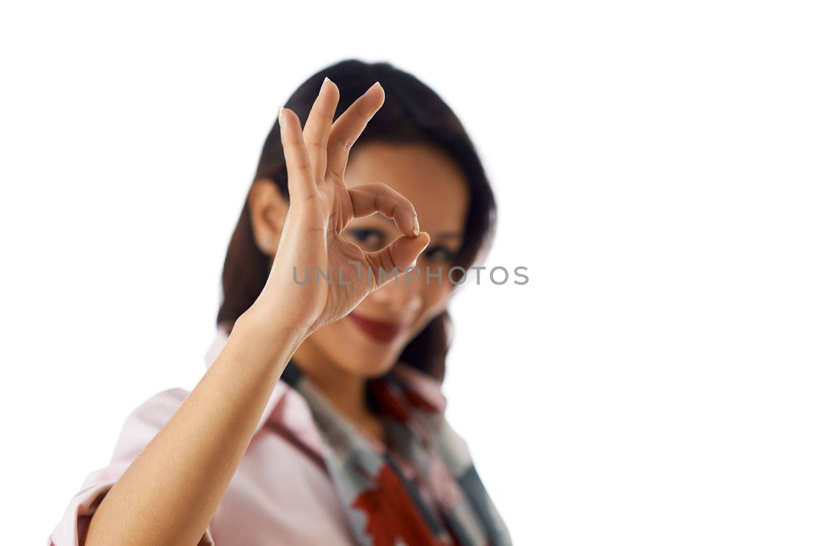 Young business people, work and positive message, portrait of happy Asian girl doing ok sign with hand, smiling at camera