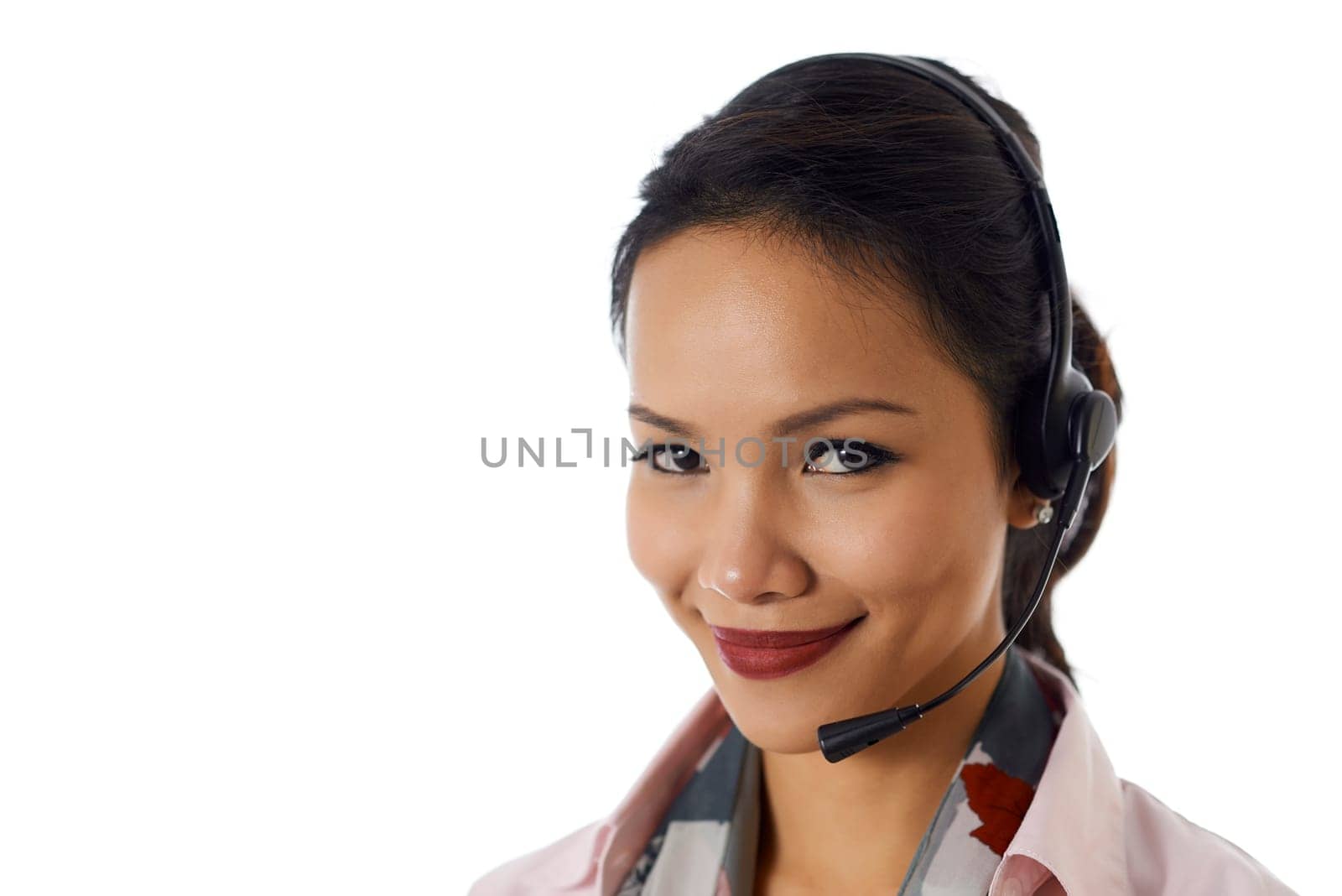 Young people, work and technology, portrait of happy Asian girl working as call center operator with headset, customer care representative, smiling at camera