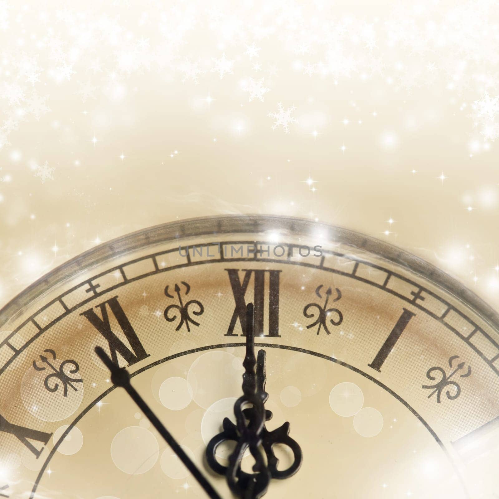 Old clock against holiday lights