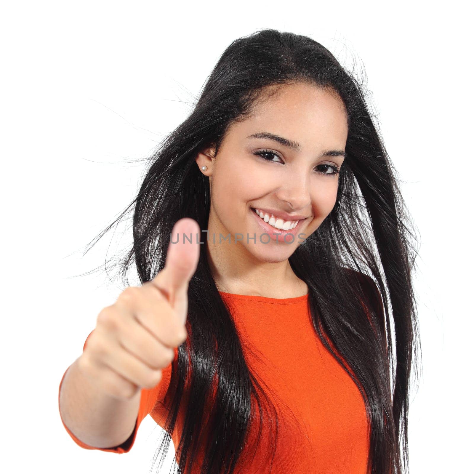 Beautiful woman with perfect white smile with thumb up isolated on a white background